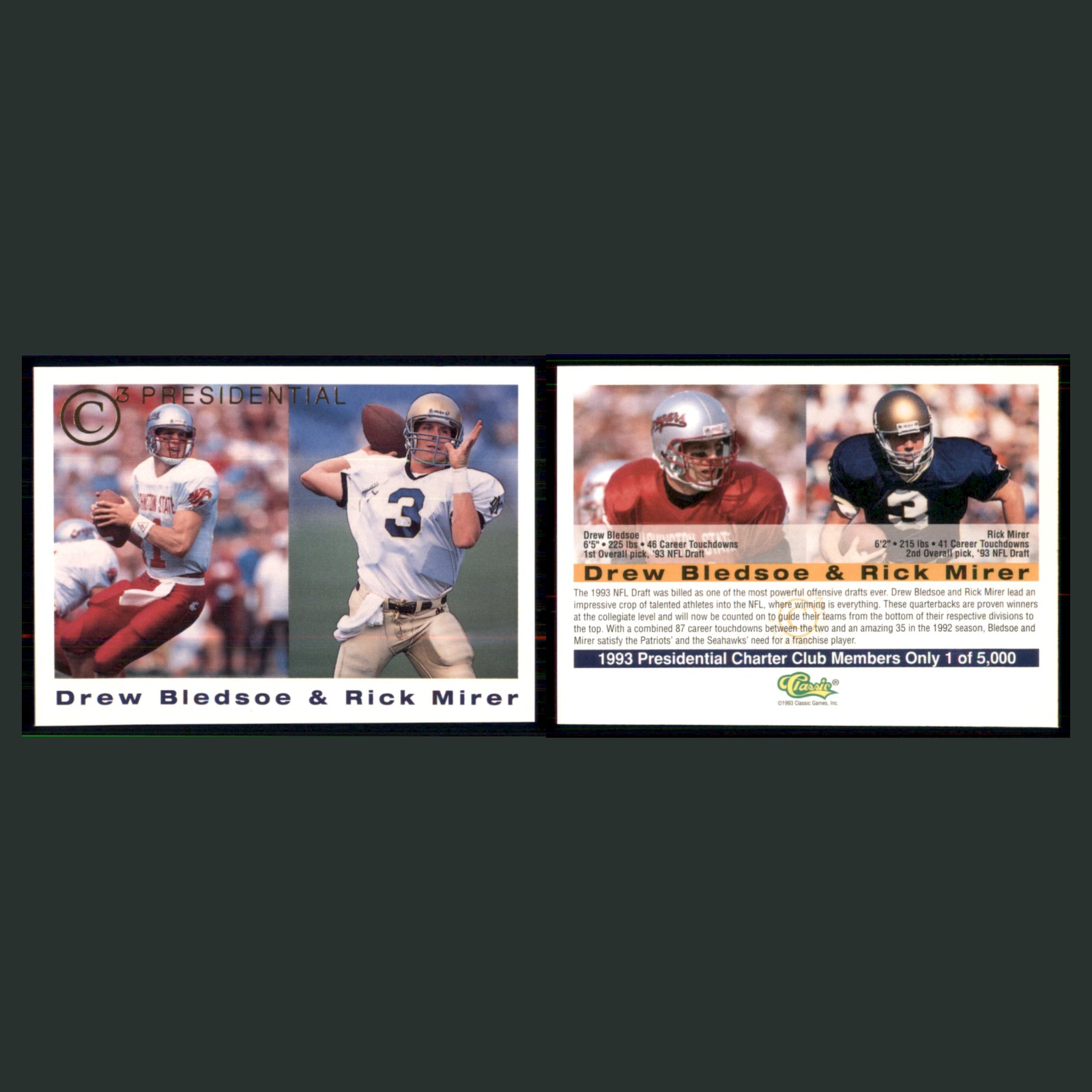 Drew Bledsoe/Rick Mirer /5000 #NNO 1993 Classic Collector Club Patriots Football front and back scans. Card condition is Near Mint.