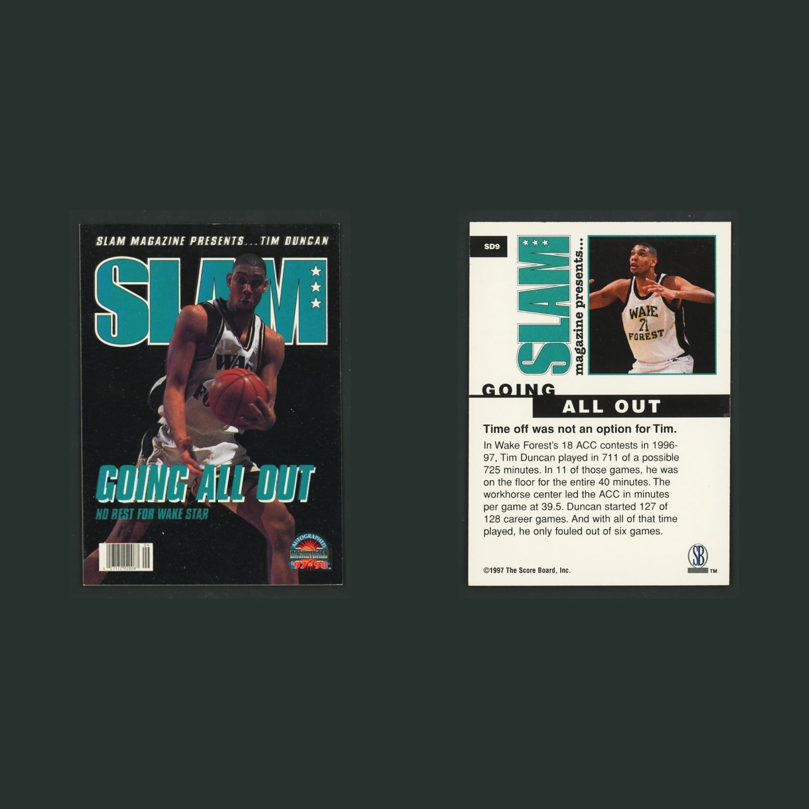 Tim Duncan #SD9 1997-98 Score Baord Slam Magazine Wake Forest Basketball Card front and back scans. Card condition is Near Mint.