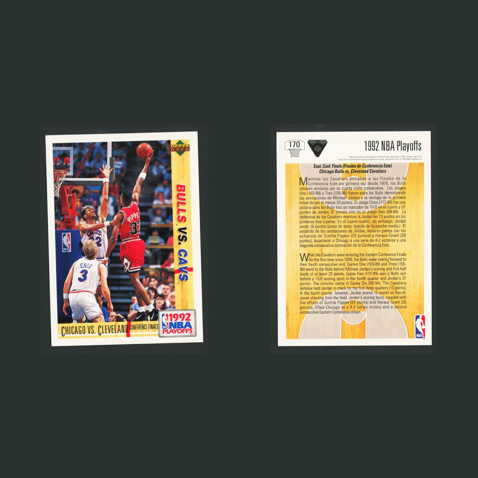 Chicago vs Cleveland #170 1991-92 Upper Deck Spanish Chicago Bulls Basketball front and back scans. Card condition is Near Mint.