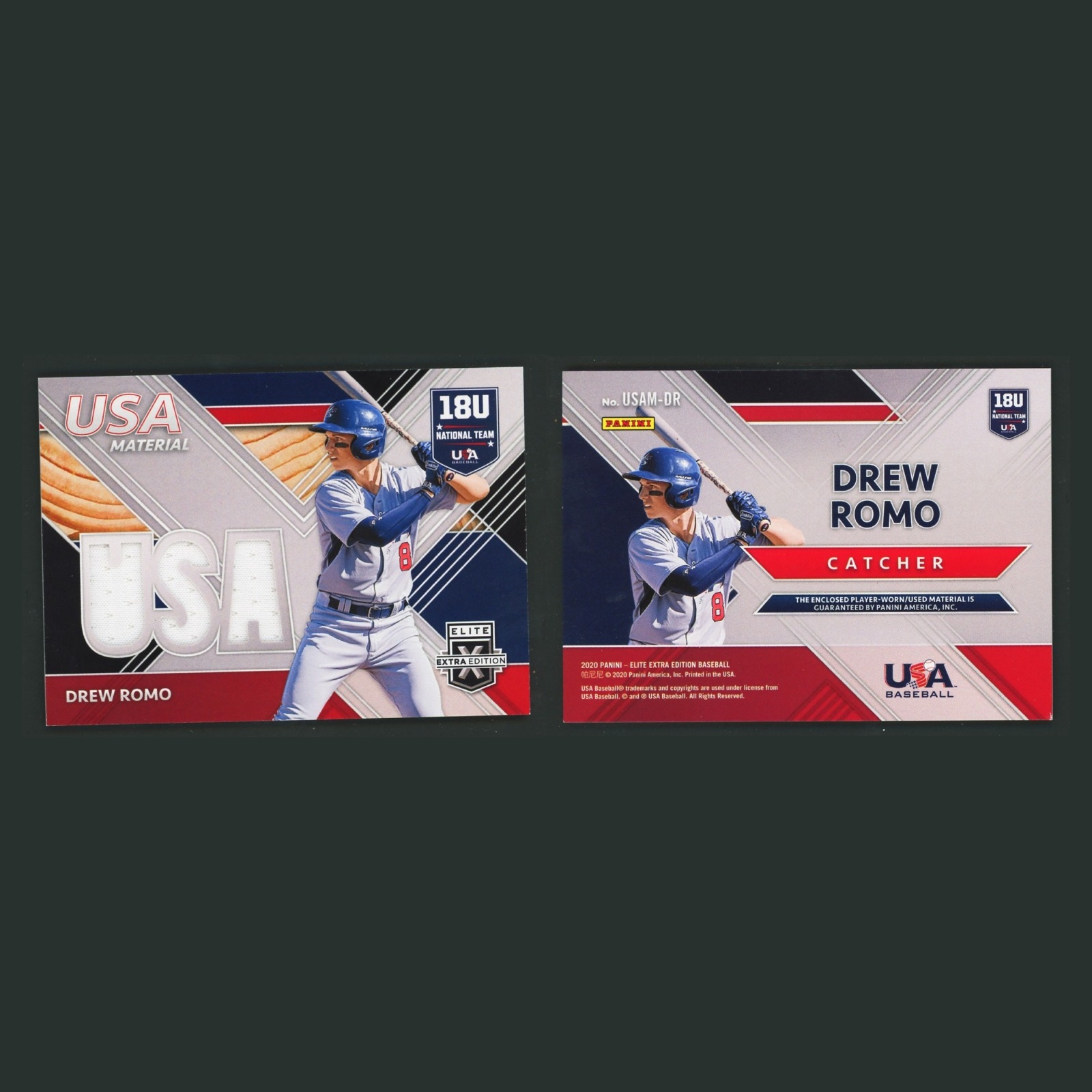 Drew Romo Patch #USAM-DR 2020 Panini Elite Extra Edition USA Baseball Card MLB front and back scans. Card condition is Near Mint.