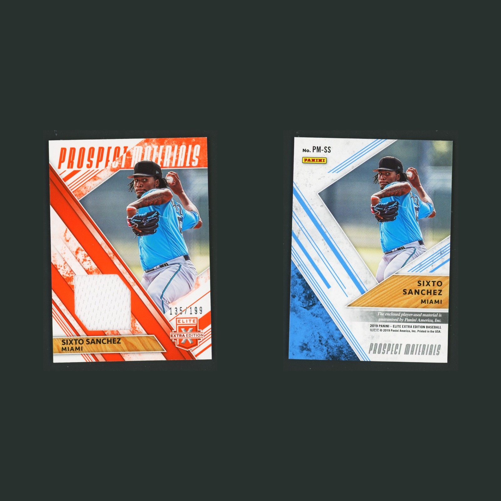 Sixto Sanchez Patch /199 #PM-SS 2019 Panini Elite Extra Edition Miami Baseball front and back scans. Card condition is Near Mint.