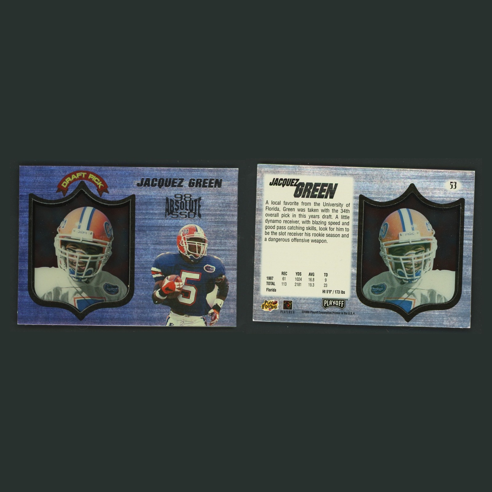 Jacquez Green Rookie #53 1998 Playoff Absolute SSD Draft Pick Florida Gators NFL front and back scans. Card condition is Excellent.
