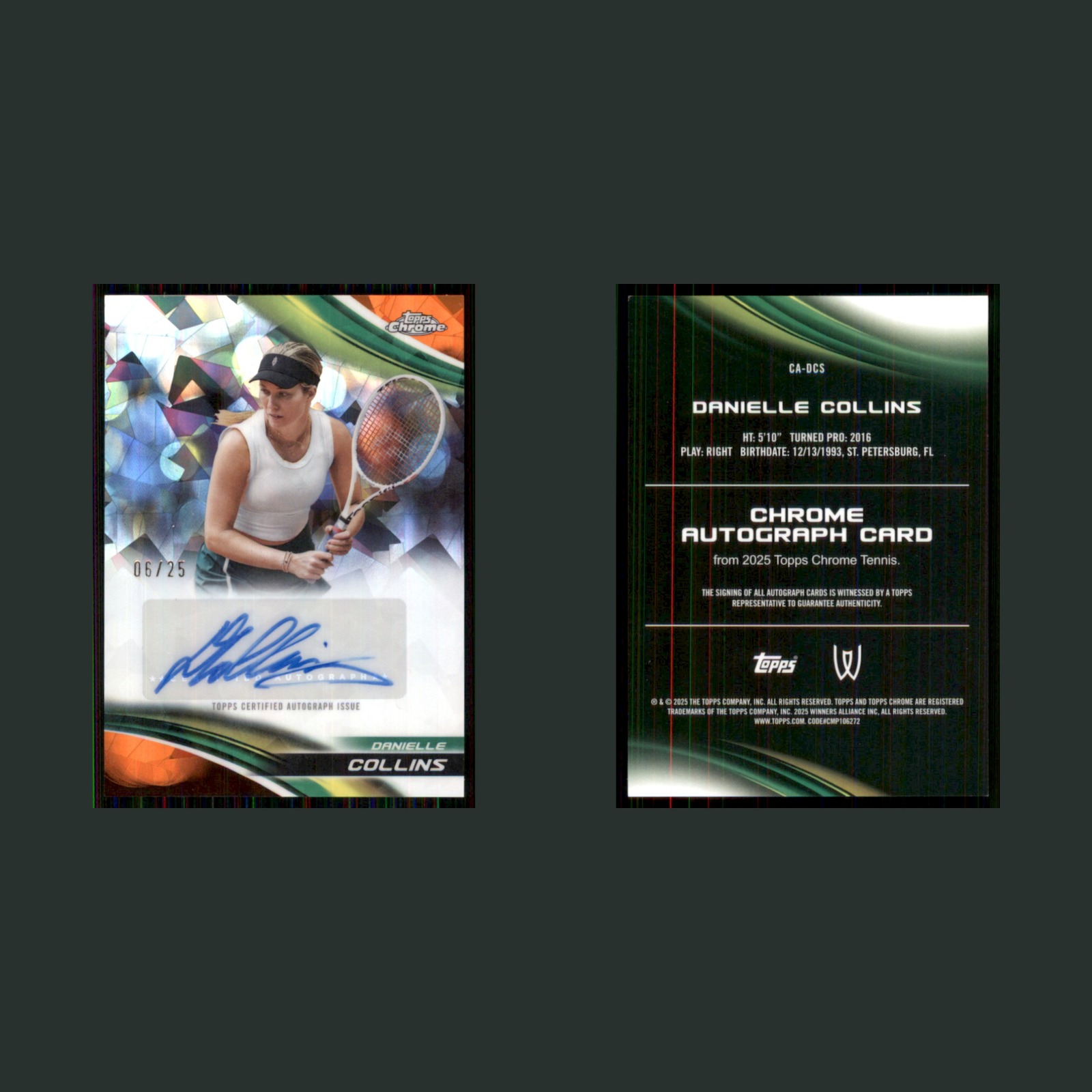 Danielle Collins Auto /25 #CA-DCS 2025 Chrome Sapphire Tennis Orange Refractor front and back scans. Card condition is Near Mint.