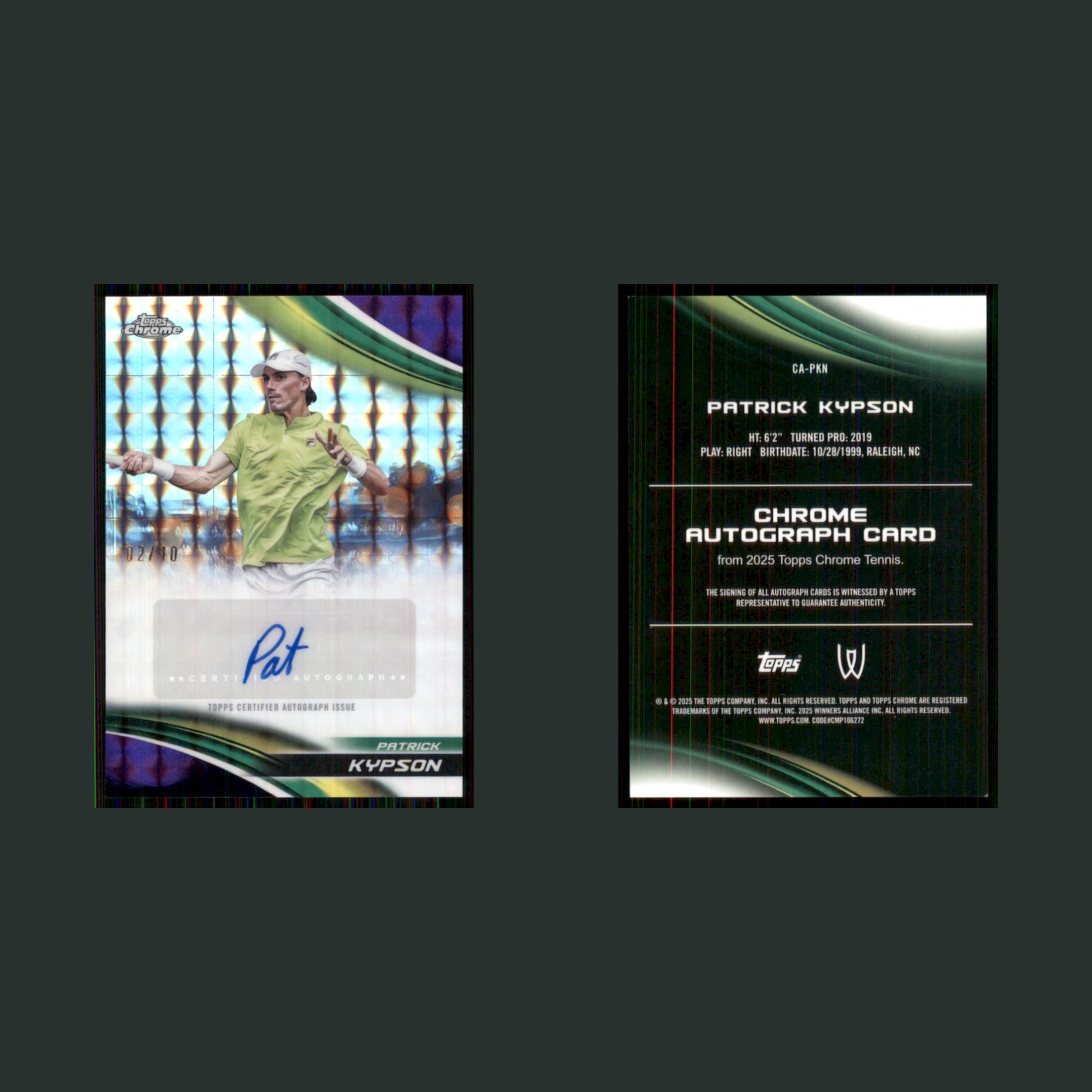 Patrick Kypson Auto /10 #CA-PKN 2025 Chrome Tennis Purple Geometric Refractor front and back scans. Card condition is Near Mint.