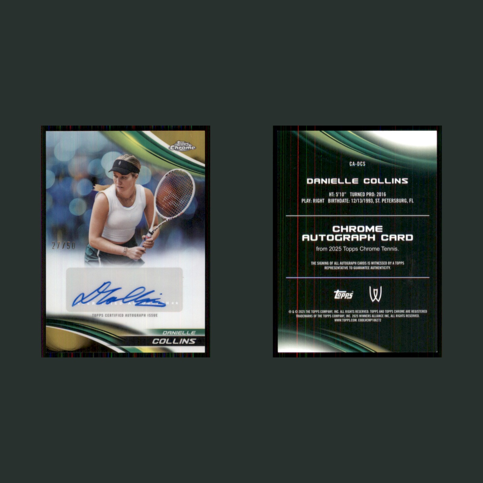 Danielle Collins Auto /50 #CA-DCS 2025 Topps Chrome Tennis Gold Refractor Card front and back scans. Card condition is Near Mint.