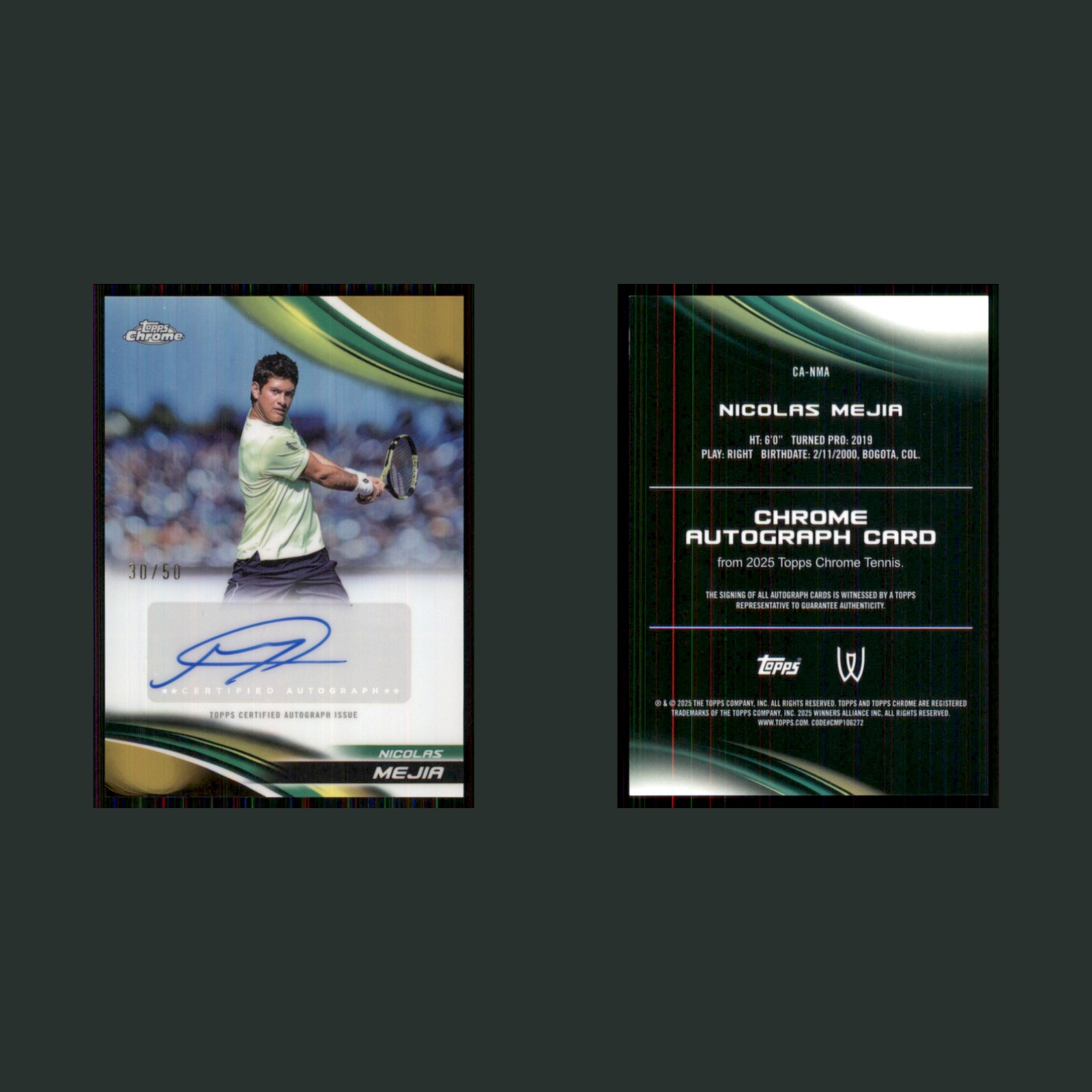 Nicolas Mejia Auto /50 #CA-NMA 2025 Topps Chrome Tennis Gold Refractor Card front and back scans. Card condition is Near Mint.
