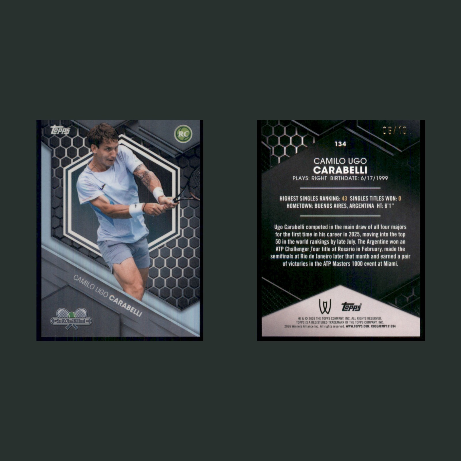 Camilo Ugo Carabelli Rookie /10 #134 2026 Topps Graphite Tennis White Refractor front and back scans. Card condition is Near Mint.