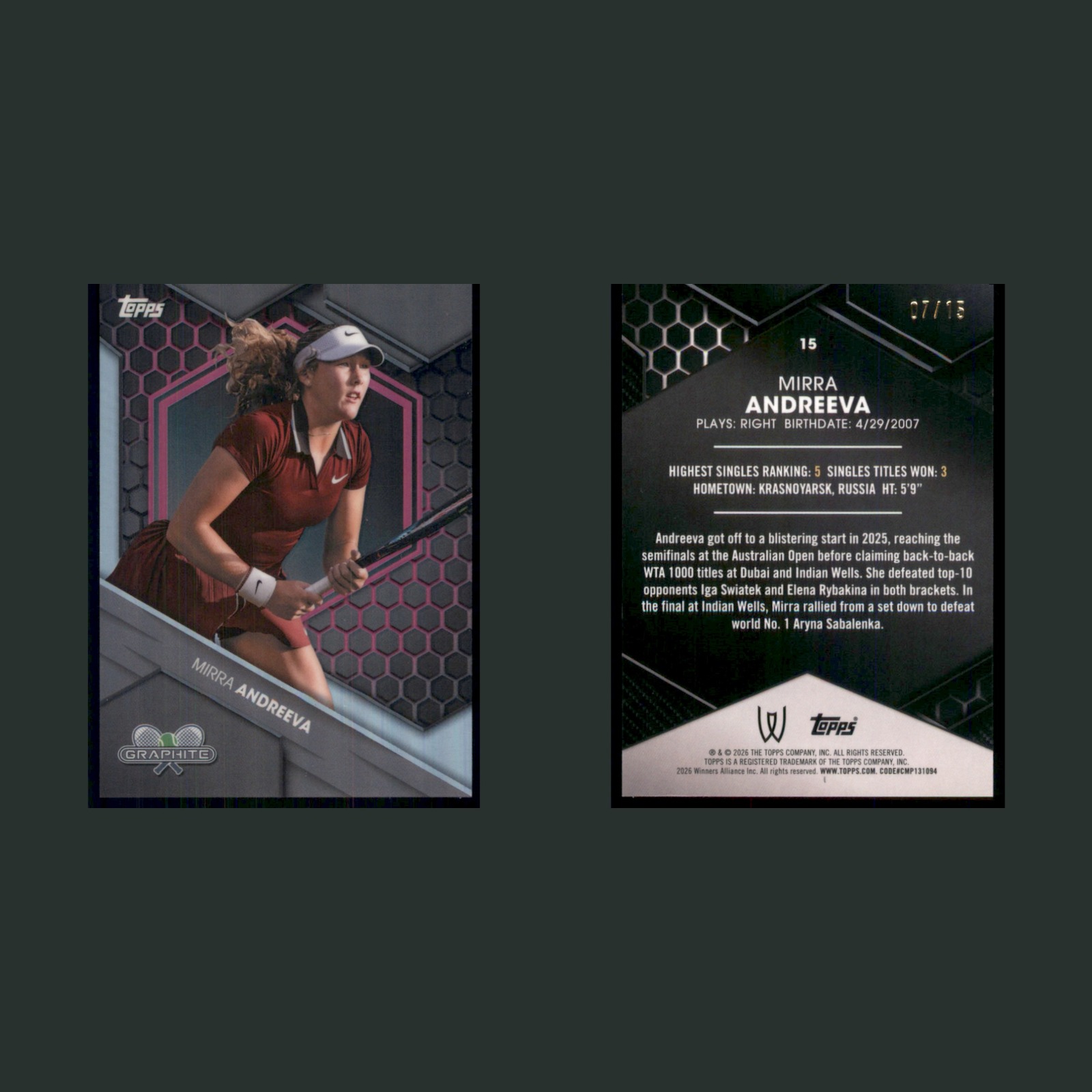 Mirra Andreeva /15 #15 2026 Topps Graphite Tennis Pink Refractor Card front and back scans. Card condition is Near Mint.