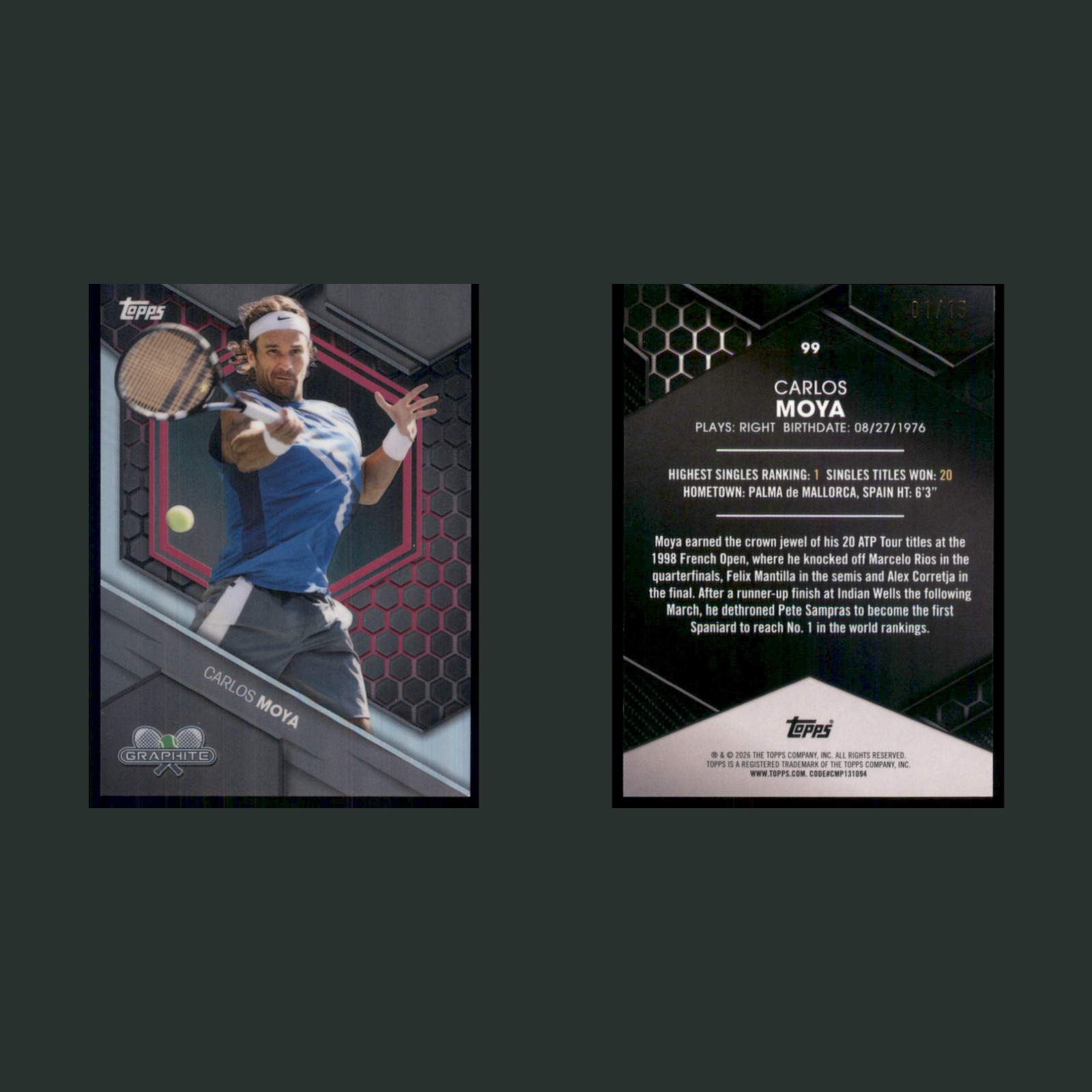 Carlos Moya /15 #99 2026 Topps Graphite Tennis Pink Refractor Card front and back scans. Card condition is Near Mint.