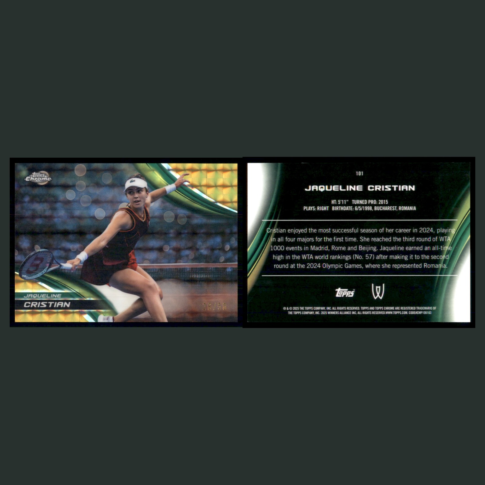 Jaqueline Cristian /50 #101 2025 Topps Chrome Tennis Gold Geometric Refractor front and back scans. Card condition is Near Mint.