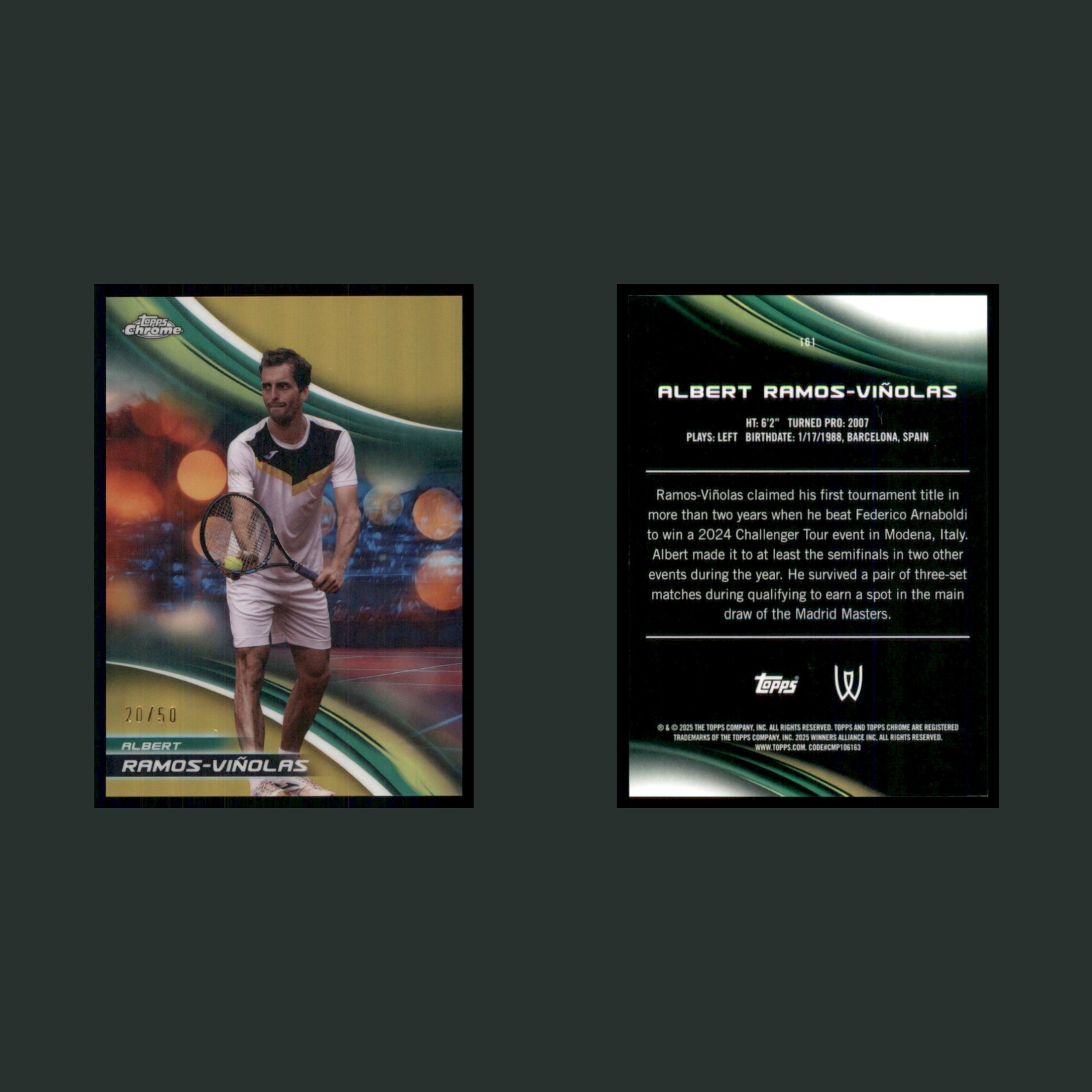 Albert Ramos-Viñolas /50 #181 2025 Topps Chrome Tennis Gold Refractor Card front and back scans. Card condition is Near Mint.