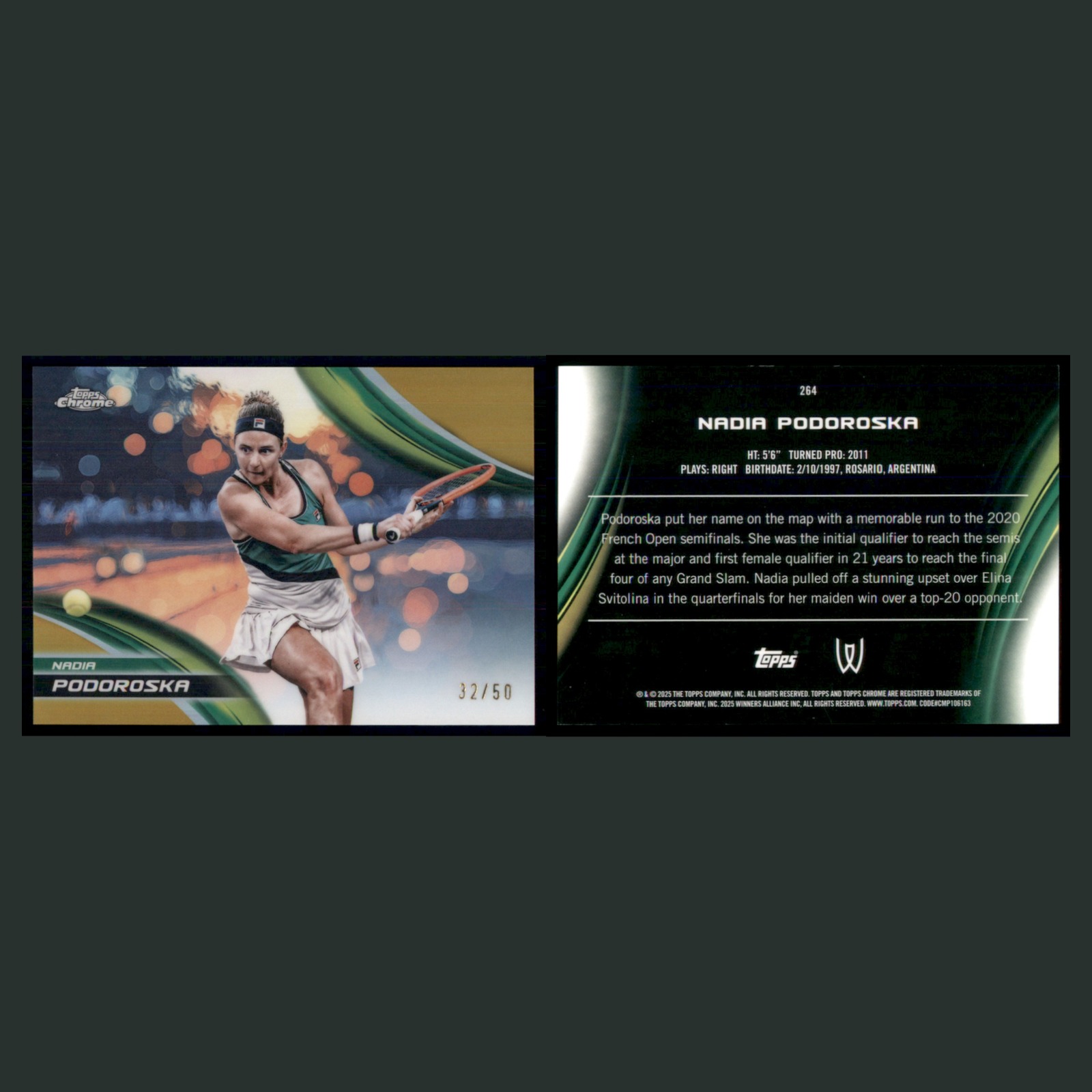 Nadia Podoroska /50 #264 2025 Topps Chrome Tennis Gold Refractor Card front and back scans. Card condition is Near Mint.