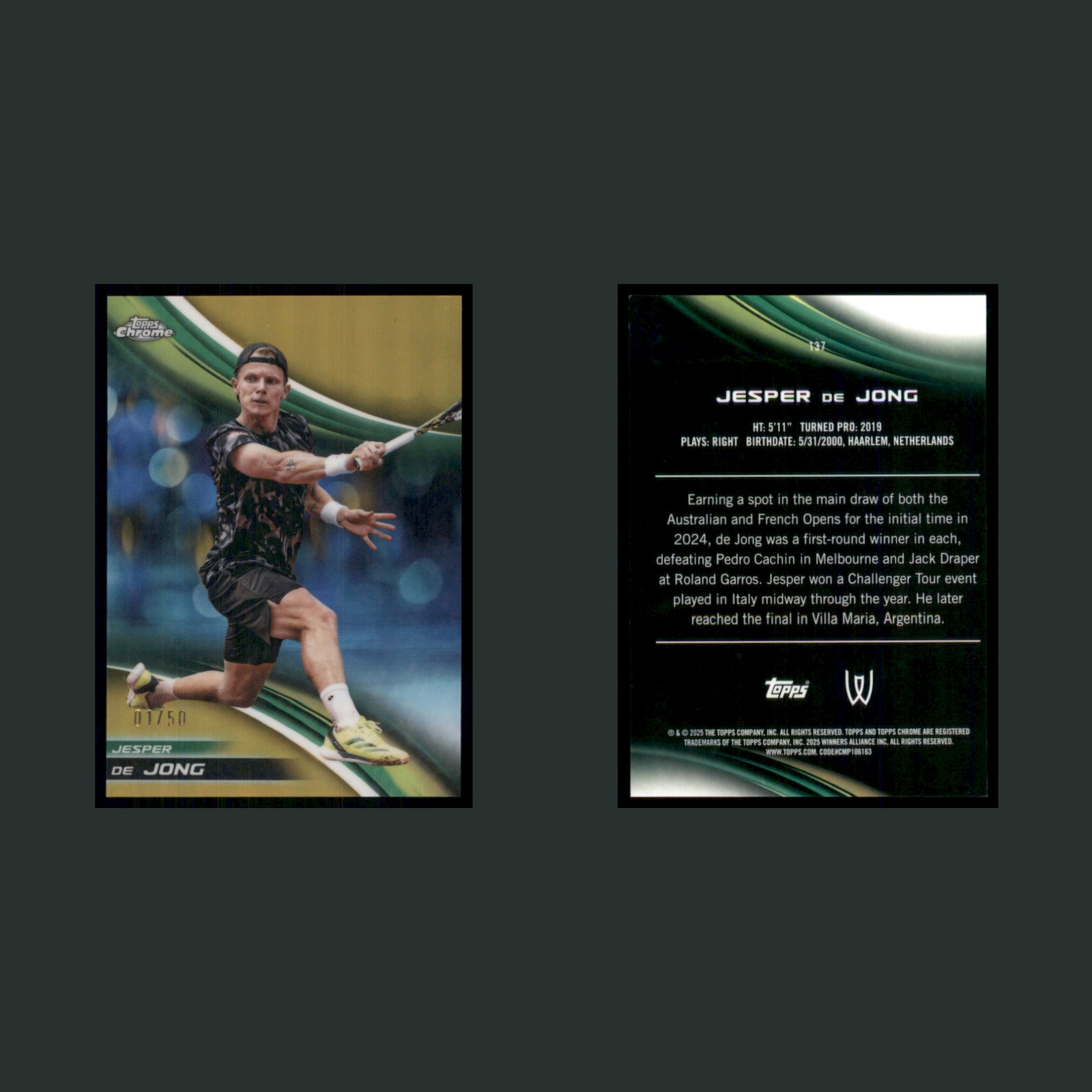 Jesper de Jong /50 #137 2025 Topps Chrome Tennis Gold Refractor Card front and back scans. Card condition is Near Mint.