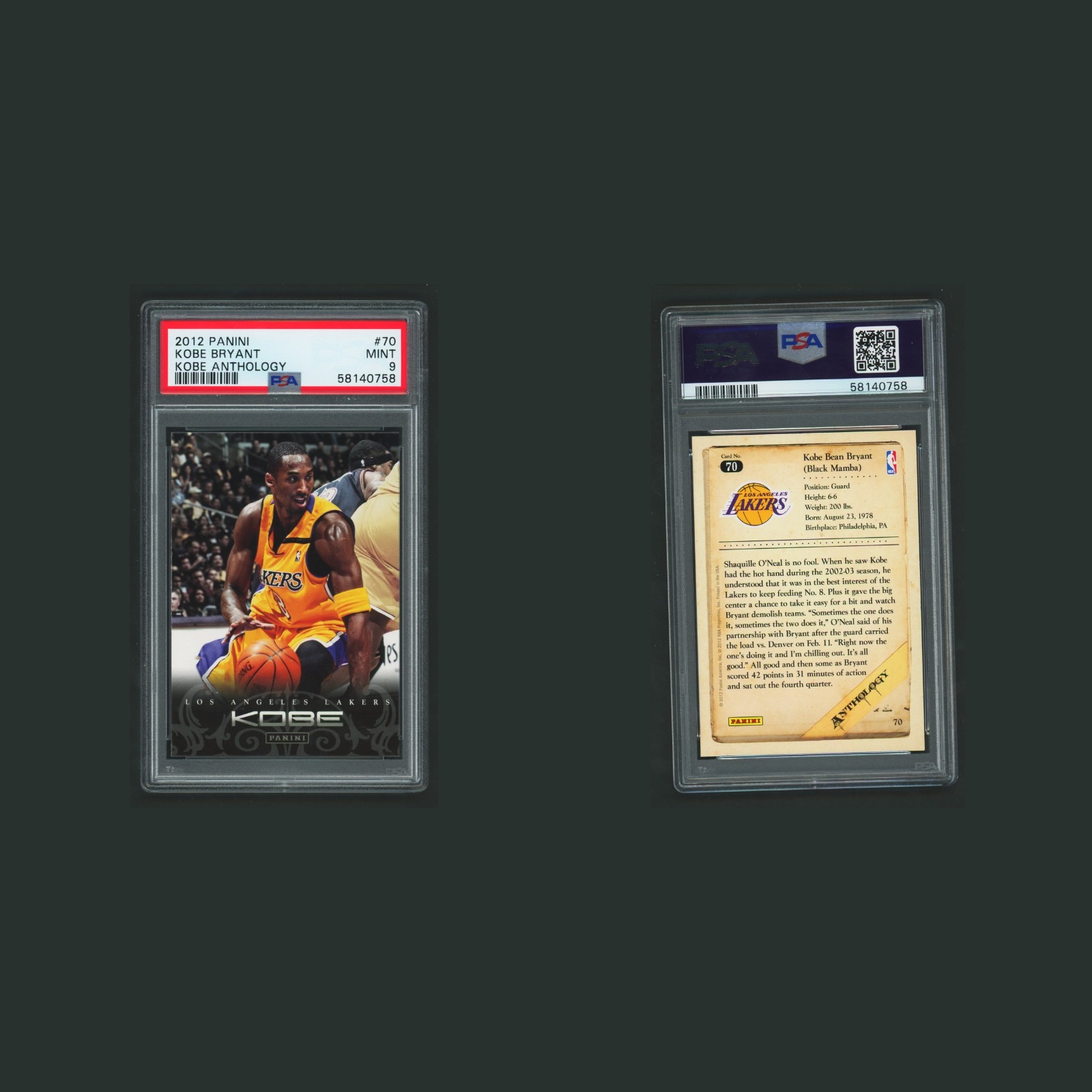 Kobe Bryant #70 PSA 9 2012-13 Panini Kobe Anthology Los Angeles Lakers Card NBA front and back scans. Card condition is Graded PSA 9.