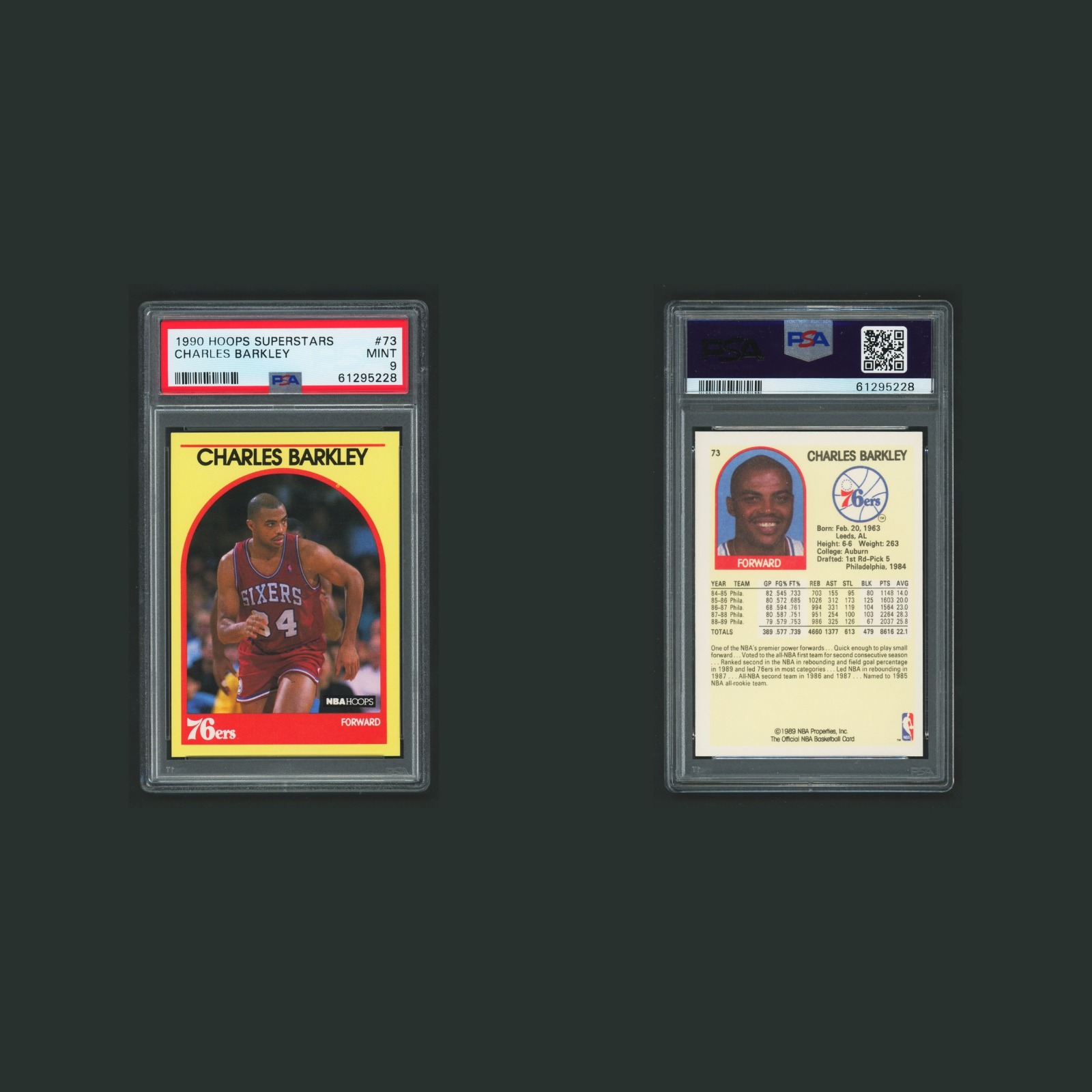 Charles Barkley #73 PSA 9 1990-91 Hoops Superstars Philadelphia 76ers Basketball front and back scans. Card condition is Graded PSA 9.