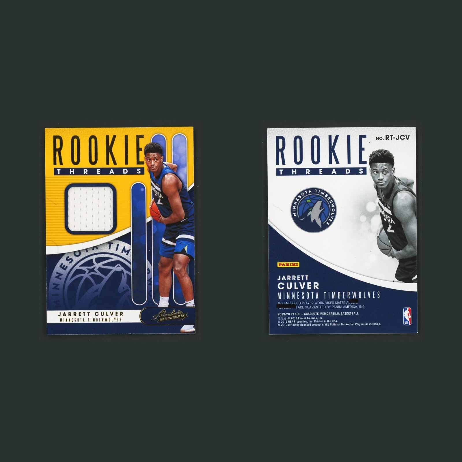 Jarrett Culver Rookie Patch #RT-JCV 2019-20 Panini Absolute Memorabilia Card NBA front and back scans. Card condition is Near Mint.