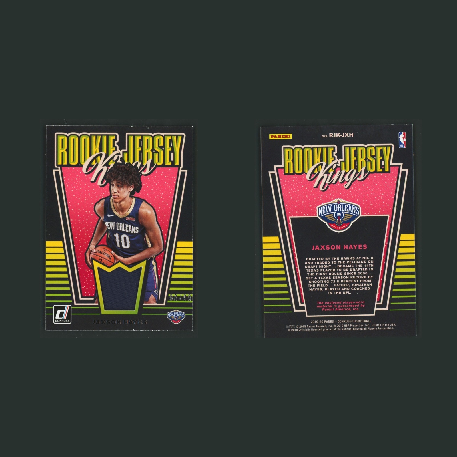 Jaxson Hayes Rookie Patch /99 #RJK-JXH 2019-20 Donruss Rookie Jersey Kings Card front and back scans. Card condition is Near Mint.