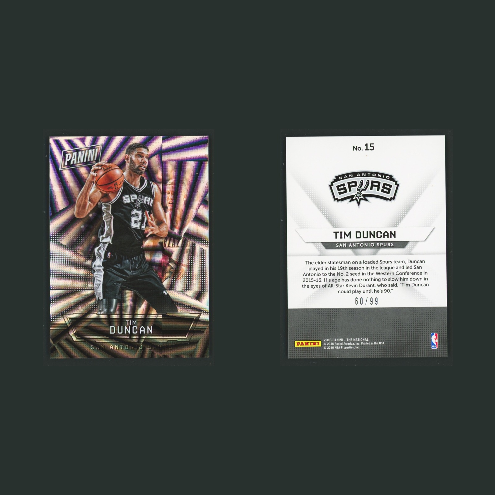 Tim Duncan /99 #15 2016-17 Panini The National Hyperplaid San Antonio Spurs Card front and back scans. Card condition is Near Mint.