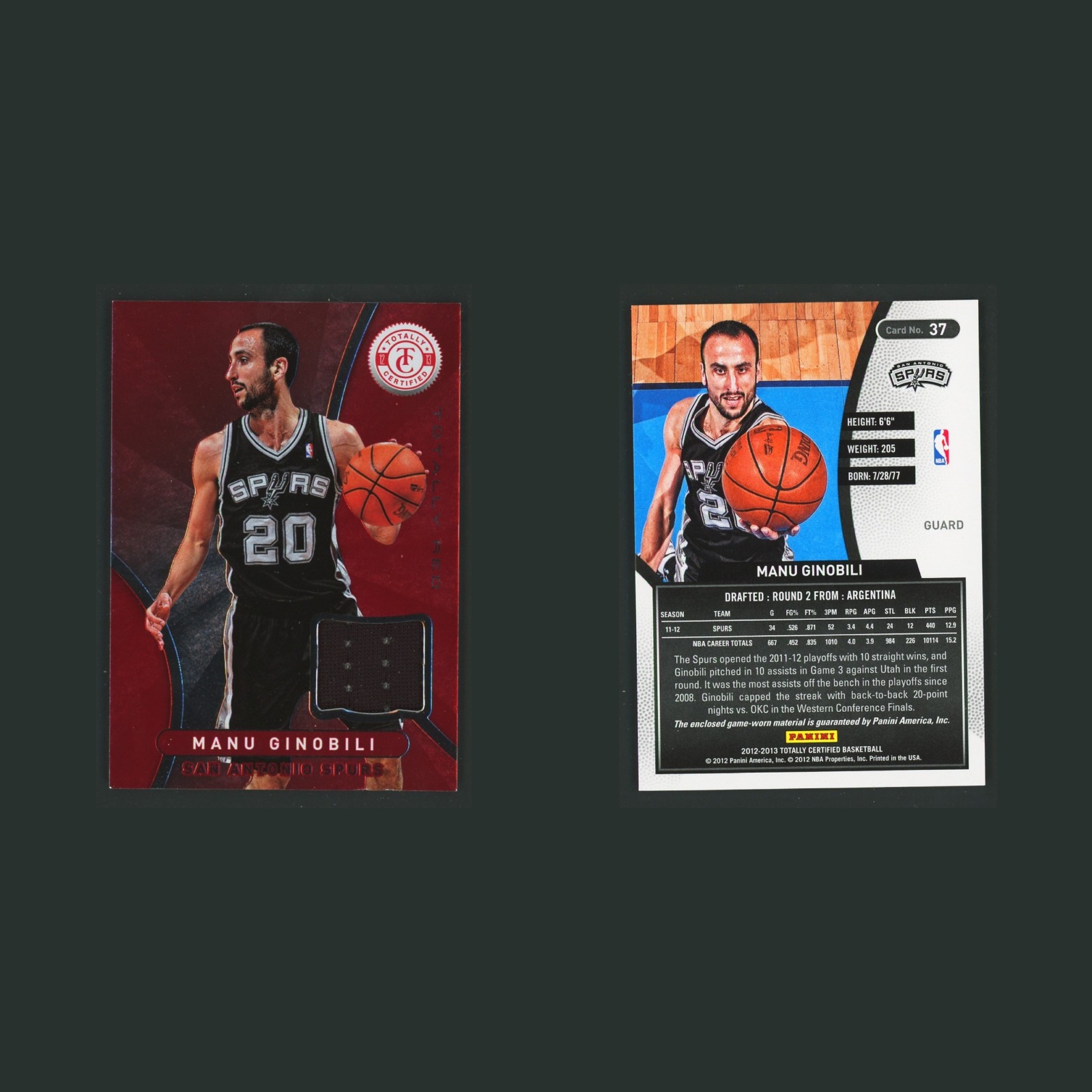 Manu Ginobili Patch #37 Emanuel 2012-13 Panini Totally Certified Totally Red NBA front and back scans. Card condition is Near Mint.