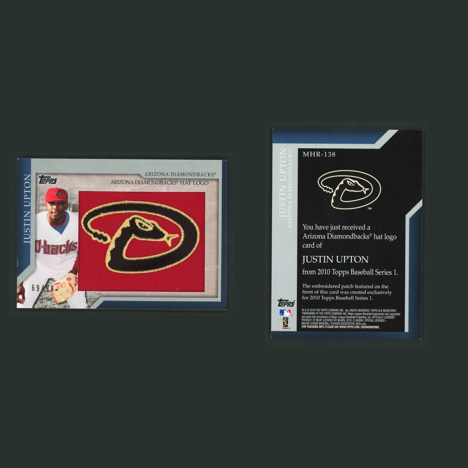Justin Upton Patch /99 #MHR-138 2010 Topps Hat Logo Arizona Diamondbacks Card front and back scans. Card condition is Excellent.