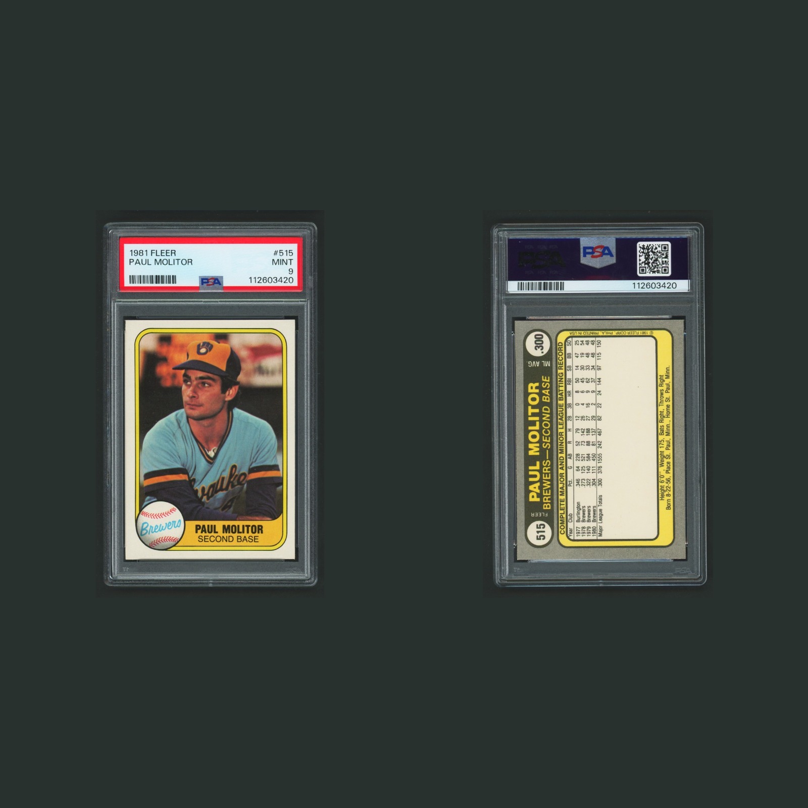 Paul Molitor #515 PSA 9 1981 Fleer Baseball Card MLB front and back scans. Card condition is Graded PSA 9.