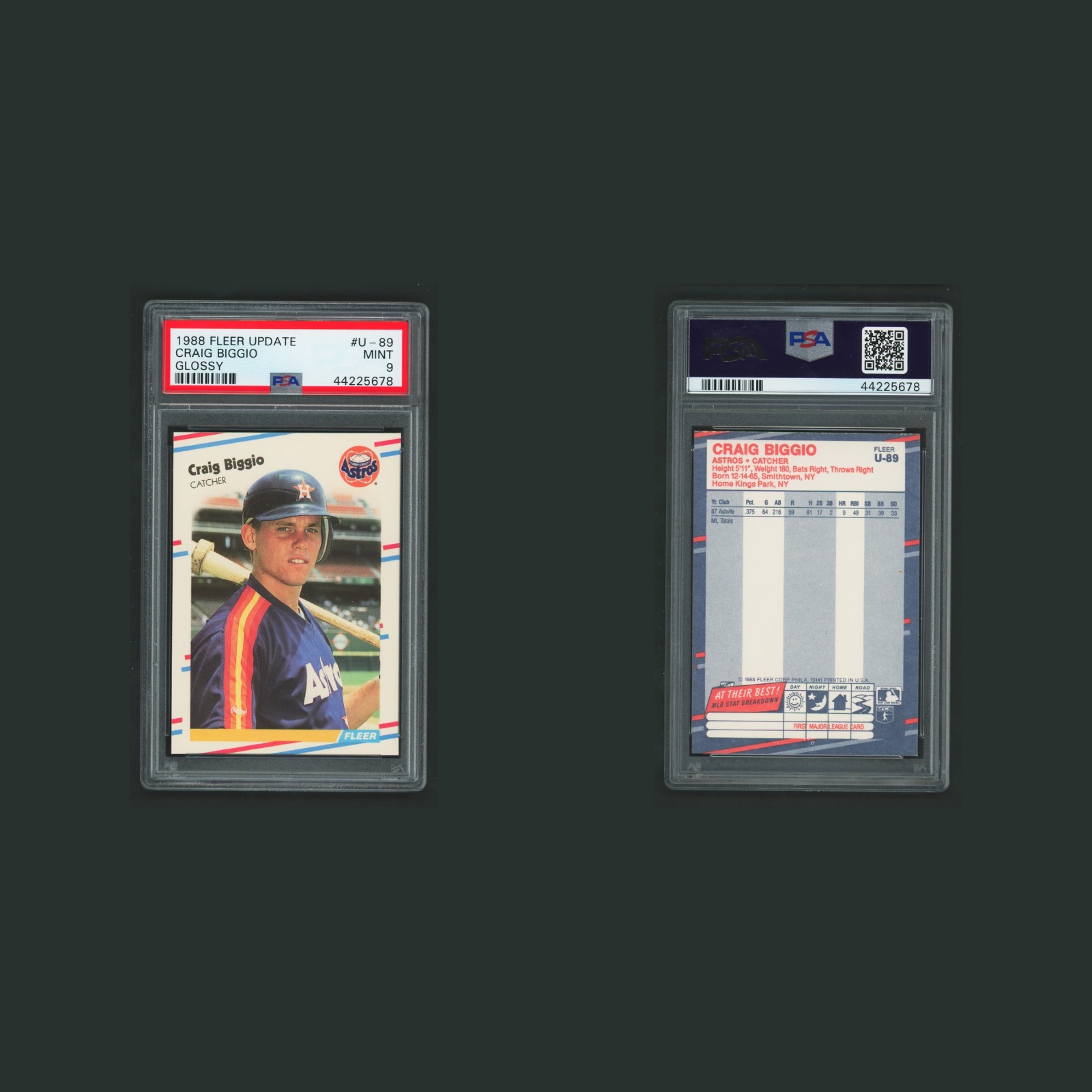 Craig Biggio Rookie #U-89 PSA 9 1988 Fleer Update Glossy Baseball Card MLB front and back scans. Card condition is Graded PSA 9.