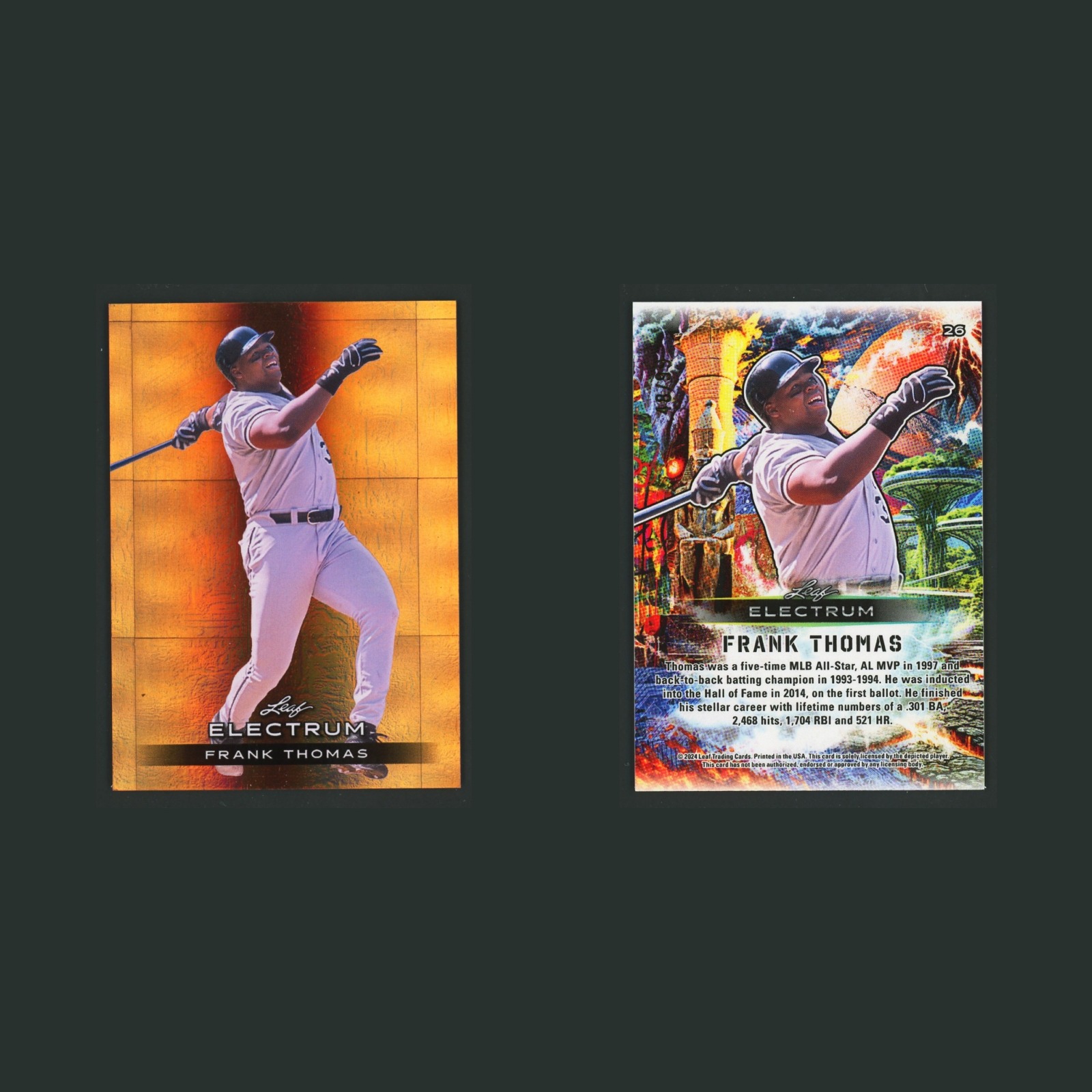 Frank Thomas /99 #26 2024 Leaf Electrum Chicago White Sox Baseball Card MLB front and back scans. Card condition is Excellent.