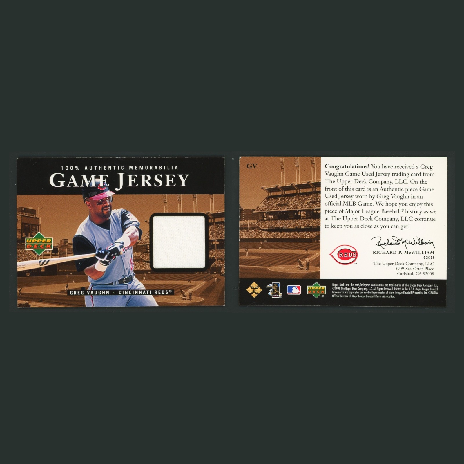 Greg Vaughn Patch #GV 1999 Upper Deck Game Jersey Cincinnati Reds Baseball Card front and back scans. Card condition is Excellent.