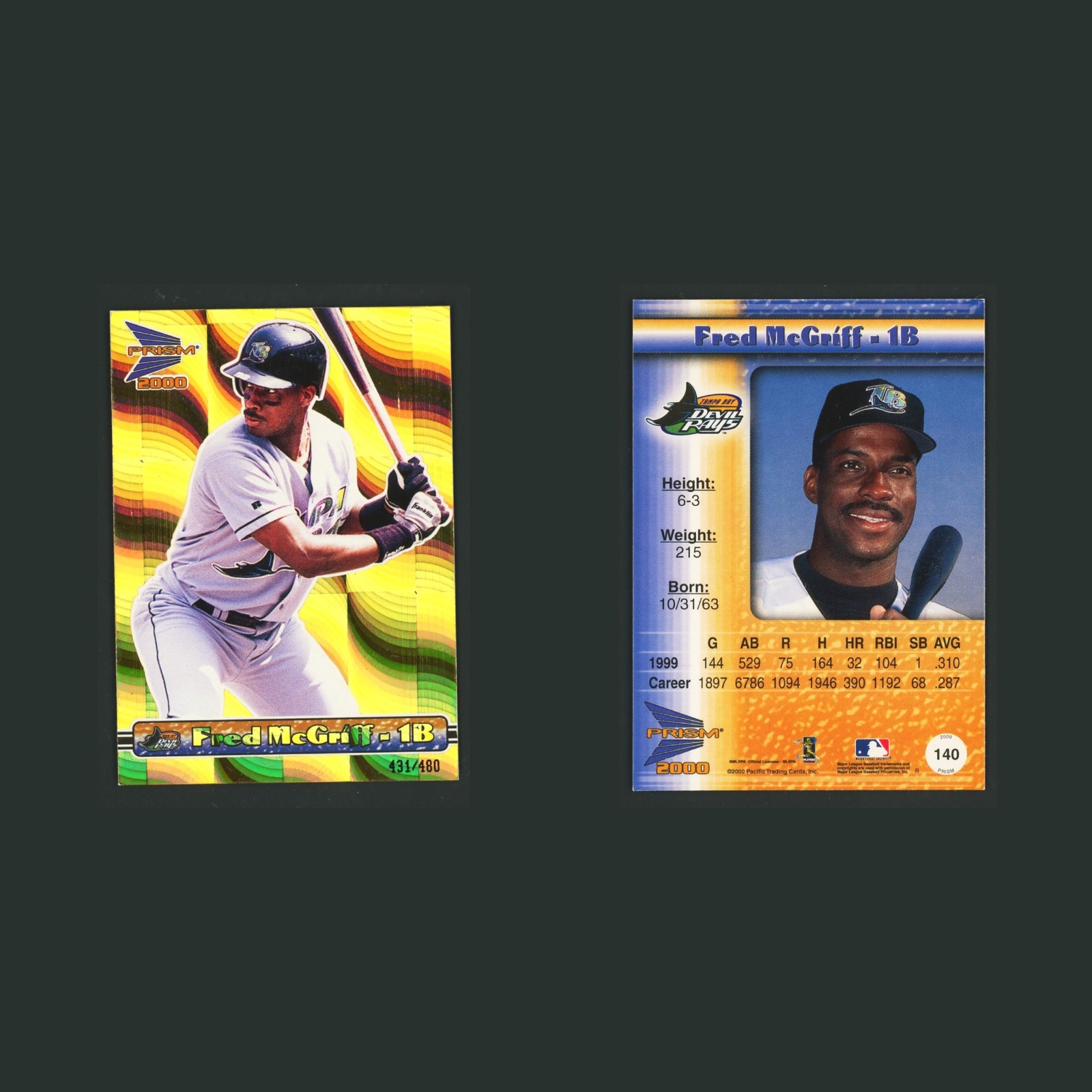 Fred McGriff /480 #140 2000 Pacific Prism Holographic Gold Tampa Bay Devil Rays front and back scans. Card condition is Near Mint.
