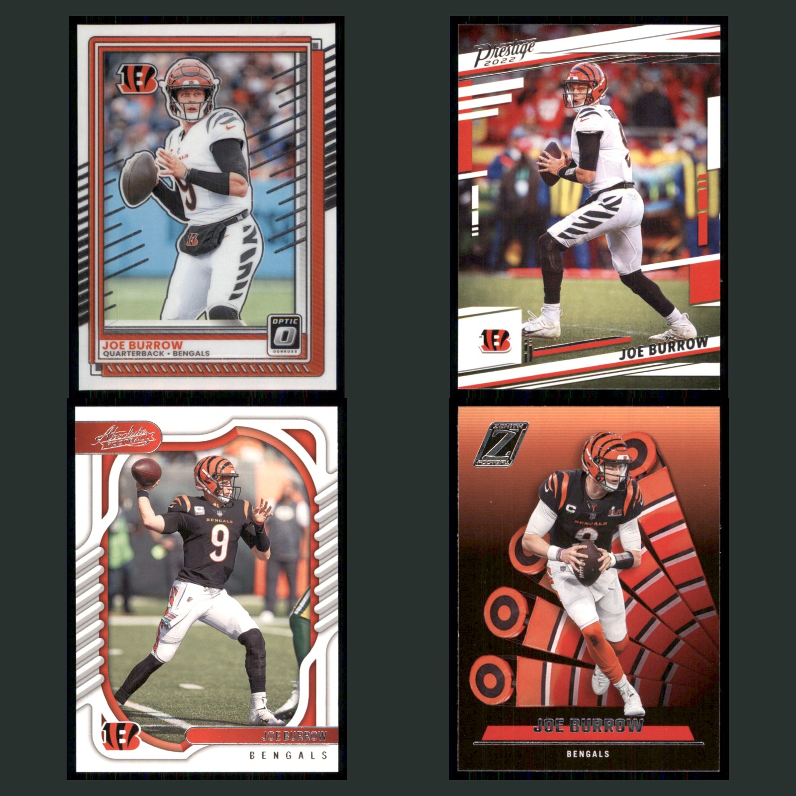Joe Burrow Lot 4 Basketball Cards 2025 Panini Donruss Cincinnati Bengals Set NBA card scans. Overall card condition is Near Mint.