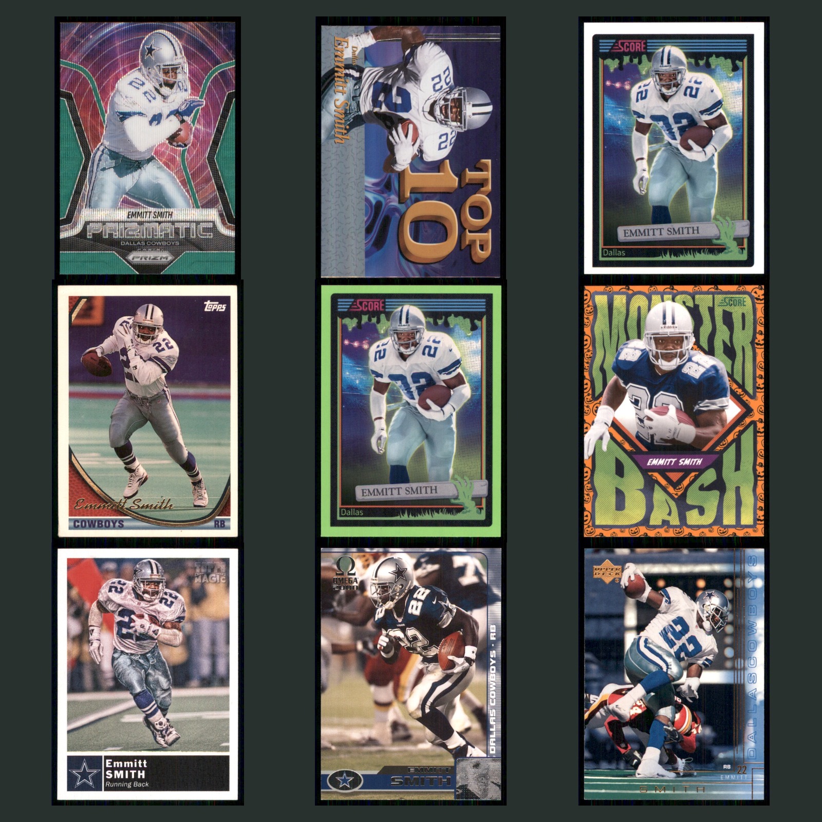 Emmitt Smith Lot 9 Football Cards 2025 Panini Prizm Prizmatic Dallas Cowboys Set card scans. Overall card condition is Near Mint.