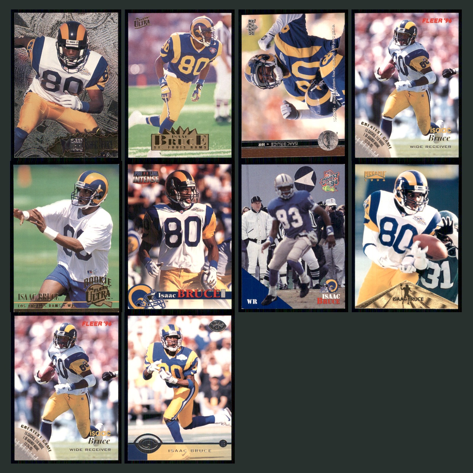 Isaac Bruce Lot 10 Football Cards 1996 Fleer Metal St. Louis Rams Set Collection card scans. Overall card condition is Near Mint.
