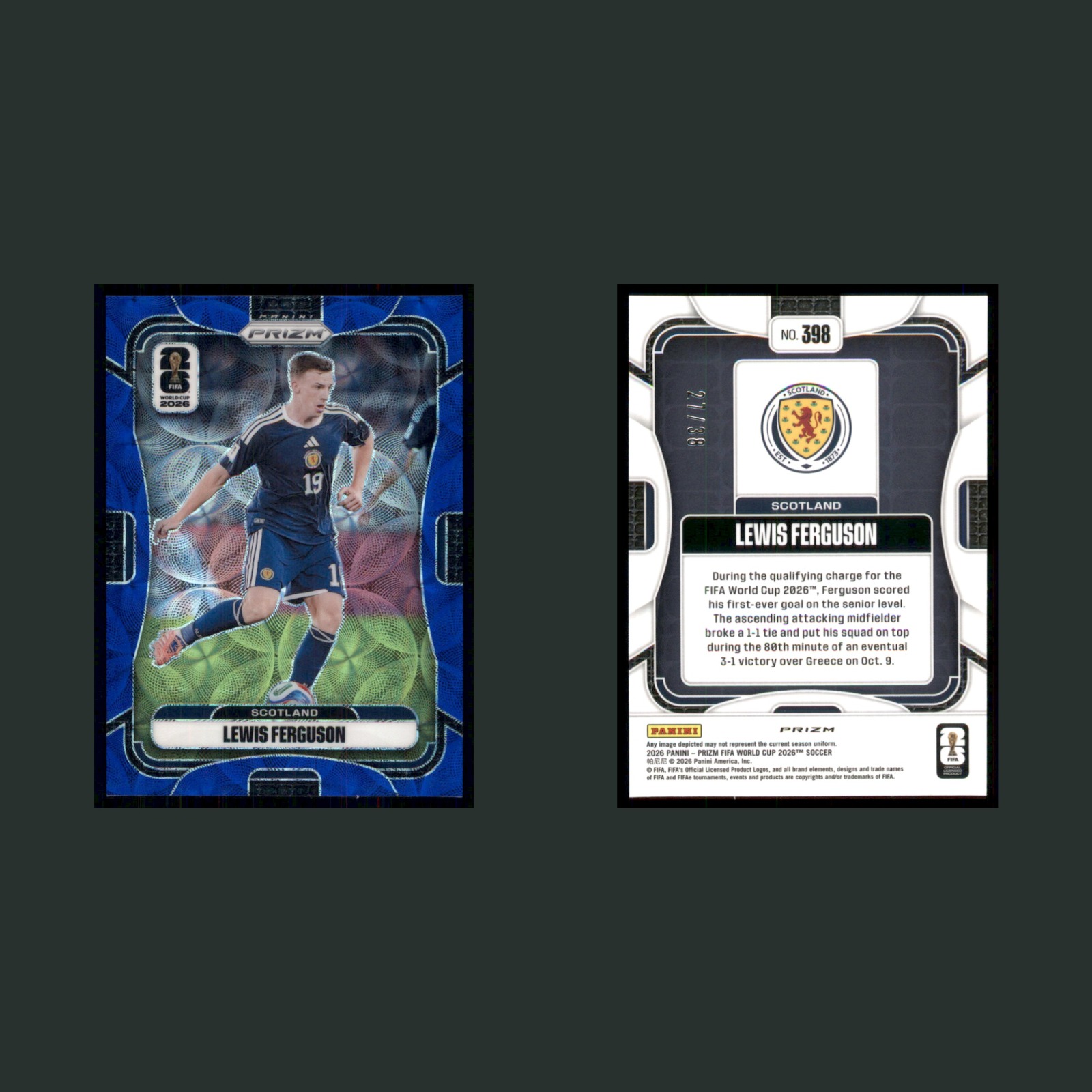 Lewis Ferguson /399 #398 2026 Panini Prizm FIFA World Cup Blue Mojo Prizm Soccer front and back scans. Card condition is Near Mint.