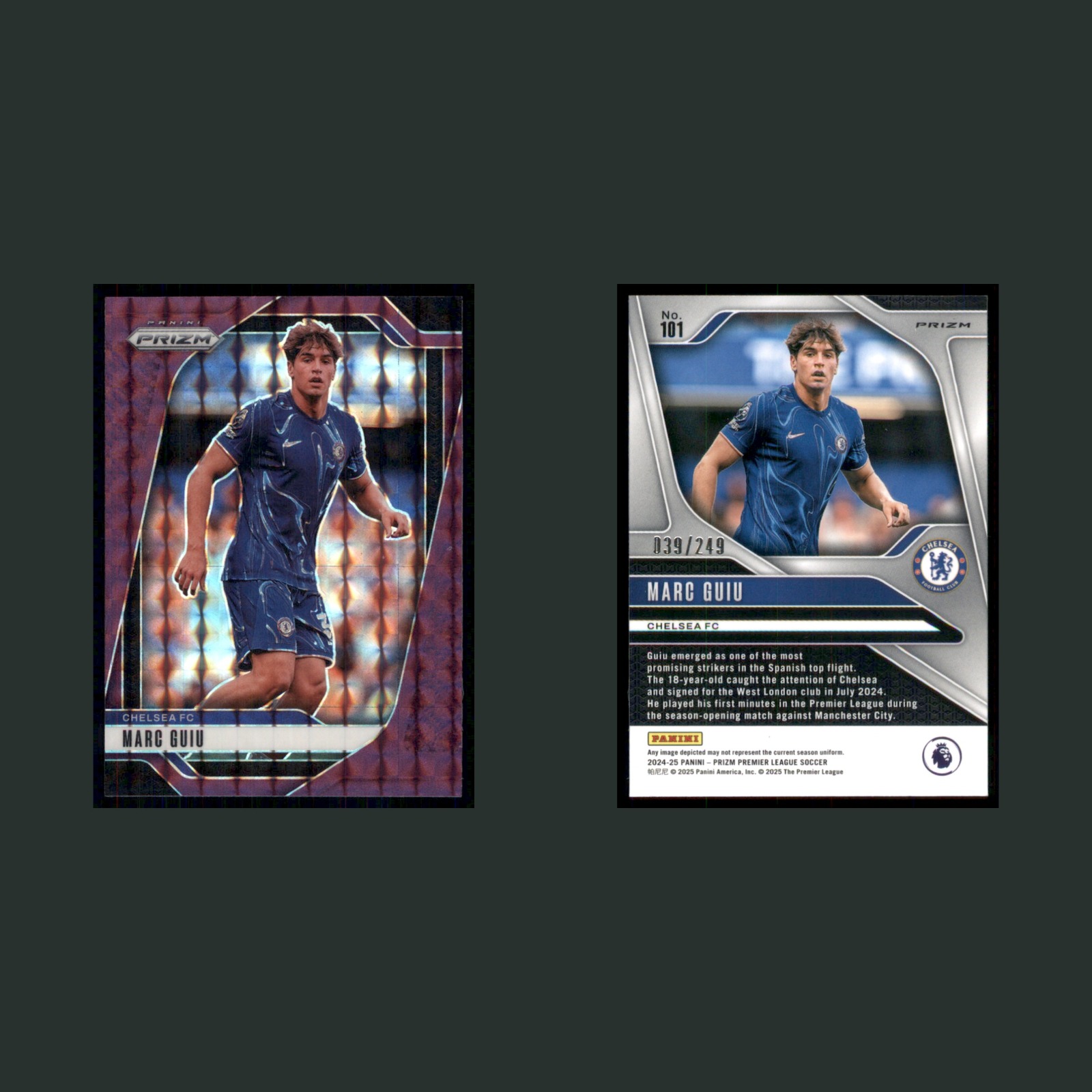 Marc Guiu /249 #101 2025 Panini Prizm Chelsea FC Soccer Card front and back scans. Card condition is Near Mint.