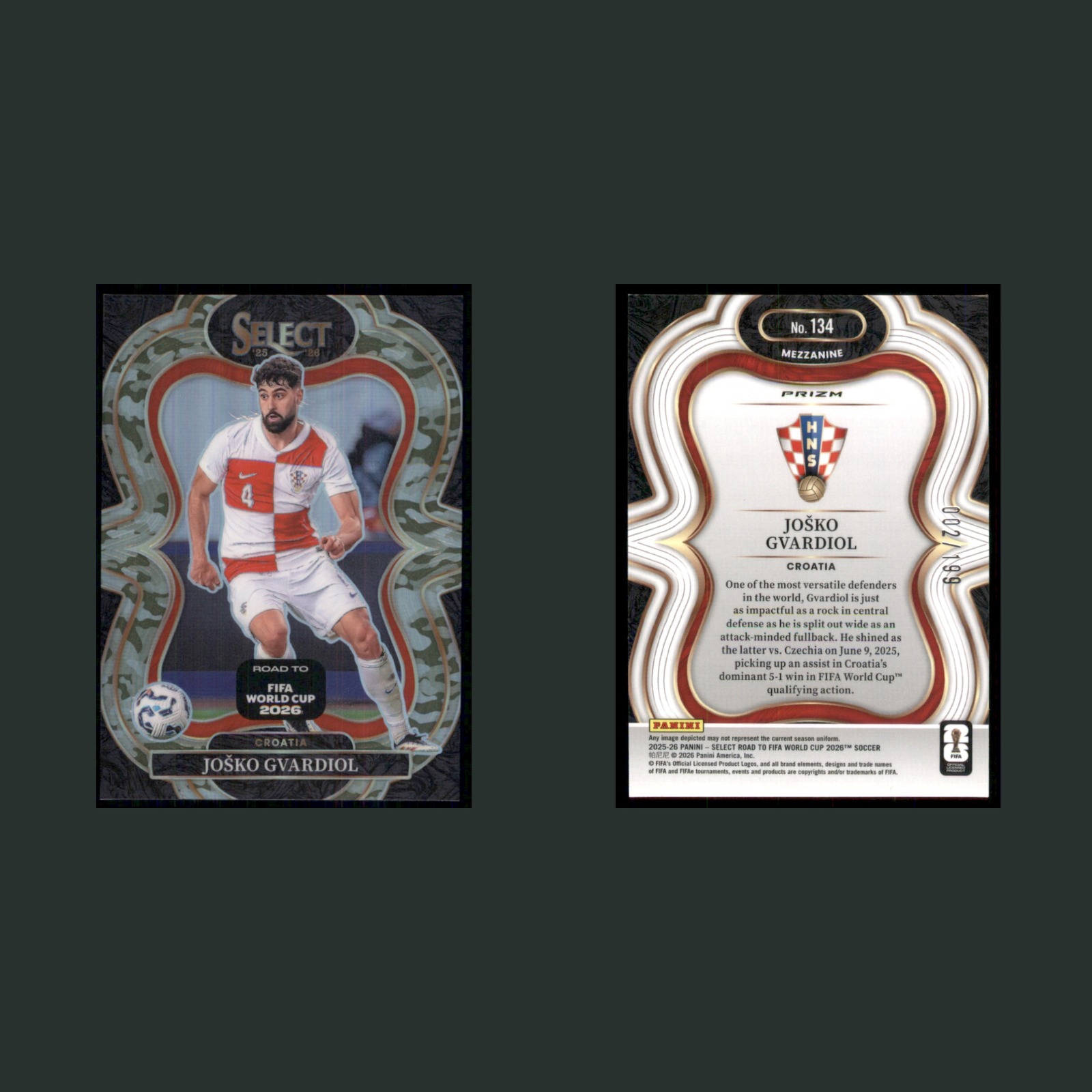 Josko Gvardiol #NNO Panini Select Road to FIFA World Cup Camo Croatia Soccer front and back scans. Card condition is Near Mint.