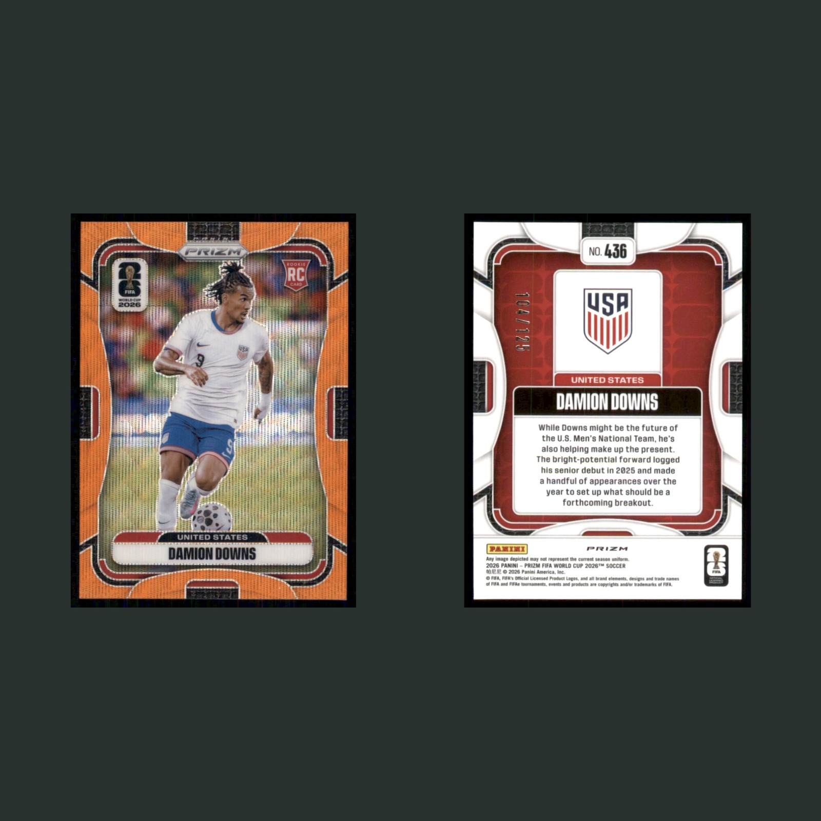 Damion Downs Rookie /125 #436 2026 Panini Prizm FIFA World Cup Orange Soccer front and back scans. Card condition is Near Mint.