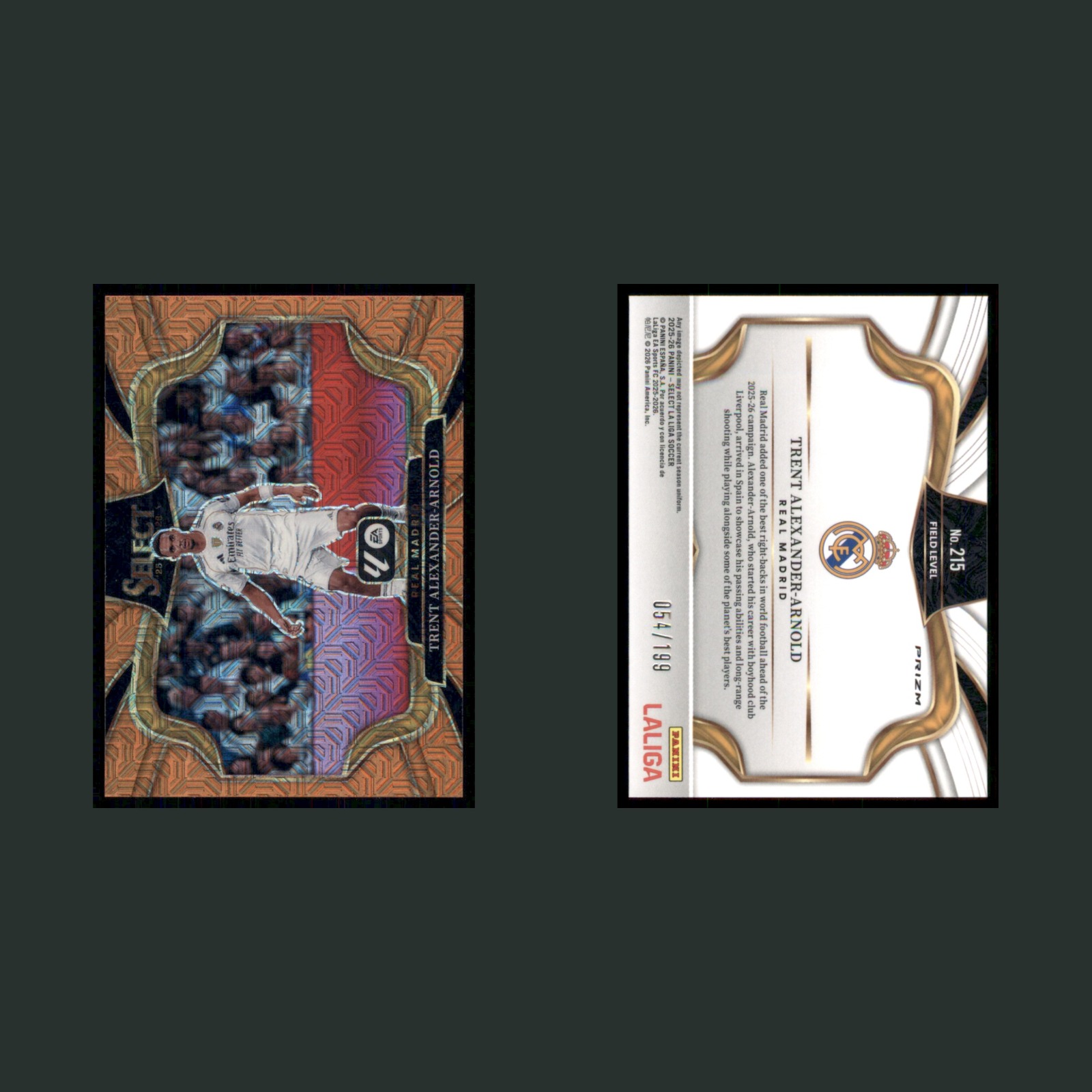 Trent Alexander-Arnold /199 #215 Panini Select La Liga Field Level Orange Prizm front and back scans. Card condition is Near Mint.