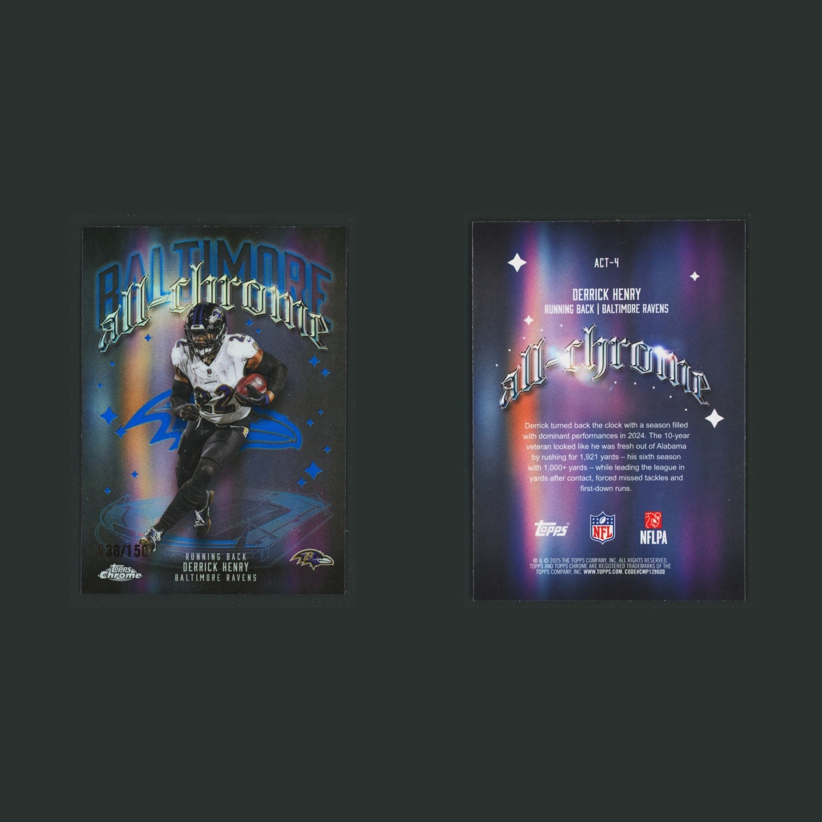 Derrick Henry /150 #ACT-4 2025 Topps Chrome Blue Refractor Baltimore Ravens Card front and back scans. Card condition is Near Mint.