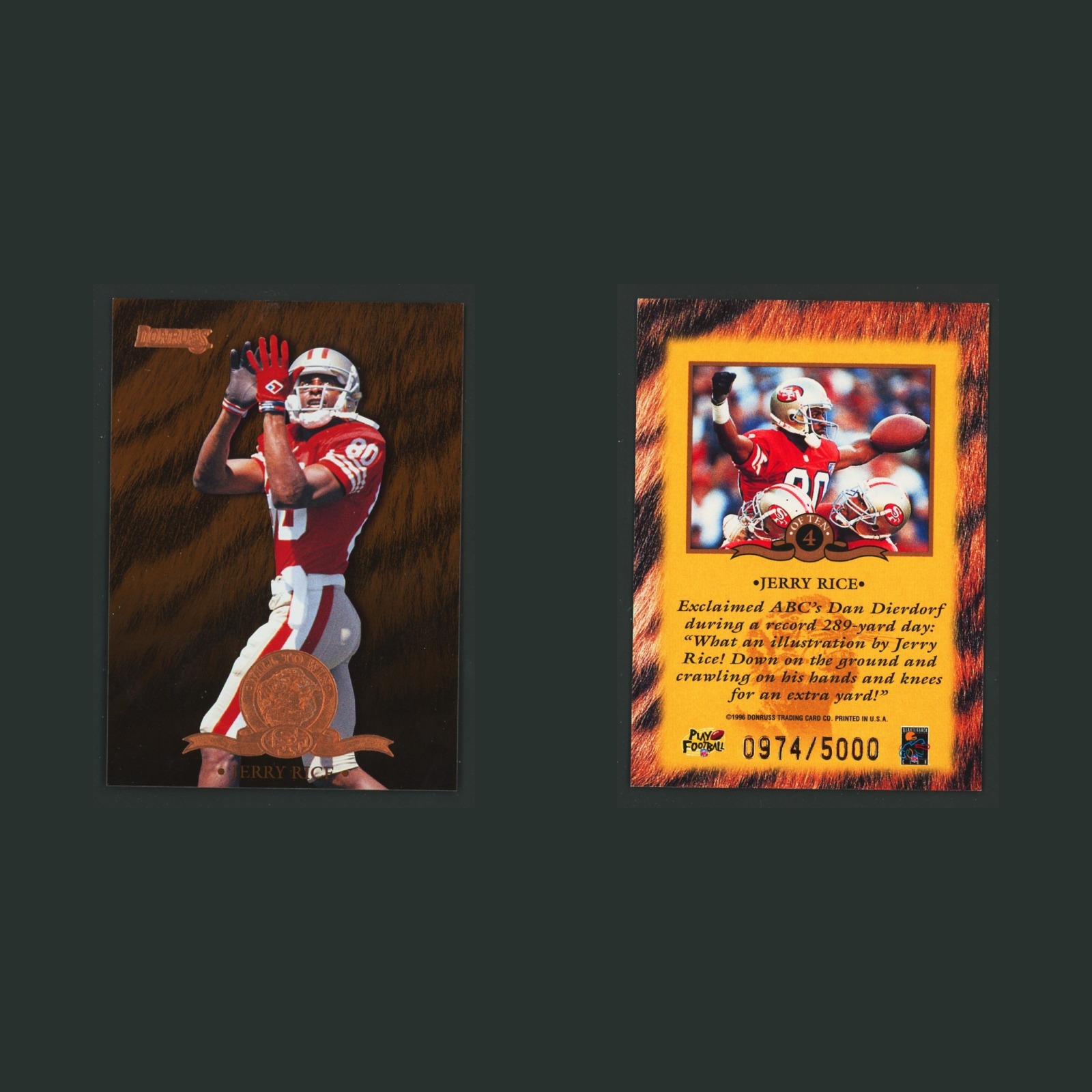 Jerry Rice /5000 #4 1996 Donruss Elite San Francisco 49ers Football Card NFL front and back scans. Card condition is Near Mint.