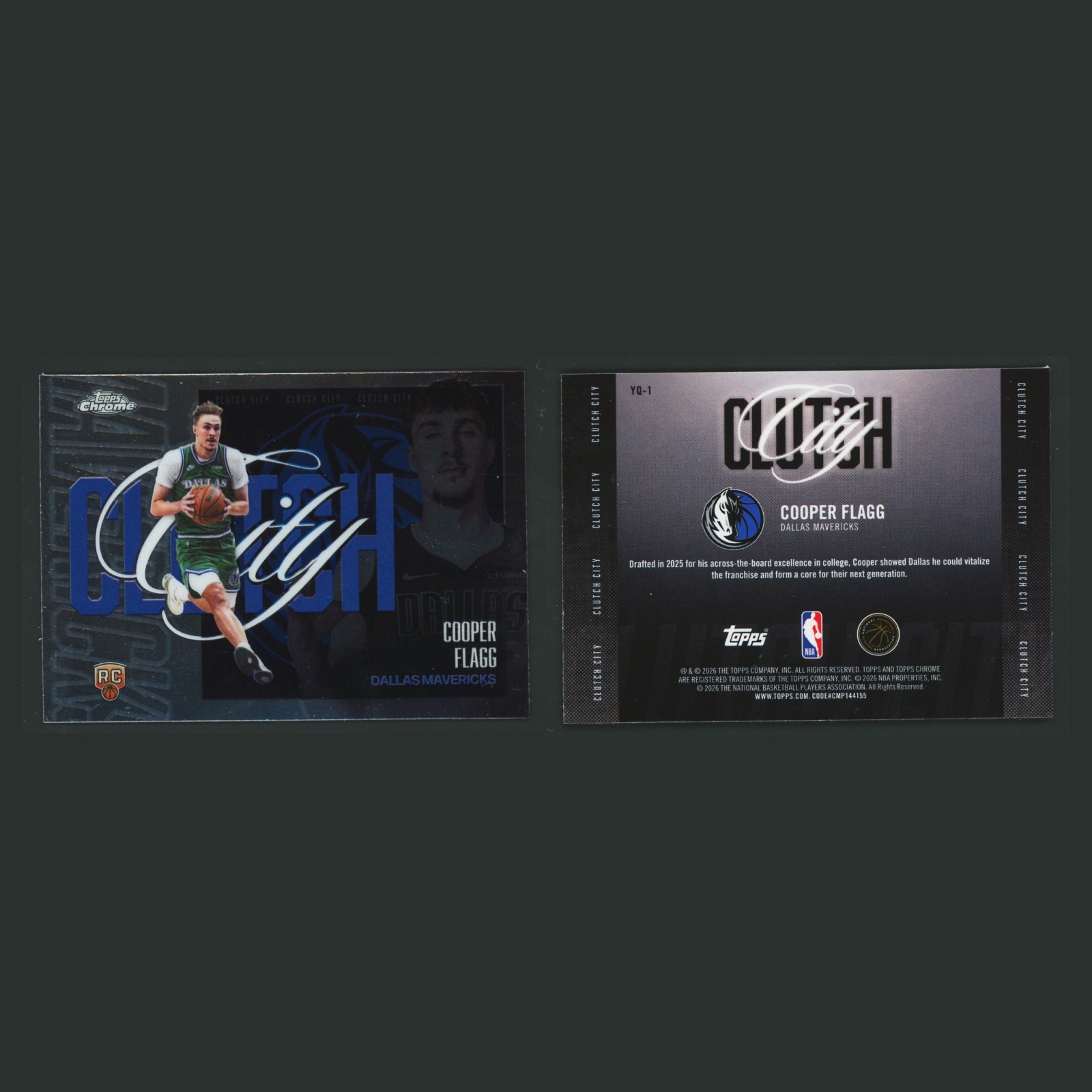 Cooper Flagg Rookie #YQ-1 2026-27 Topps Chrome Clutch City Dallas Mavericks Card front and back scans. Card condition is Near Mint.