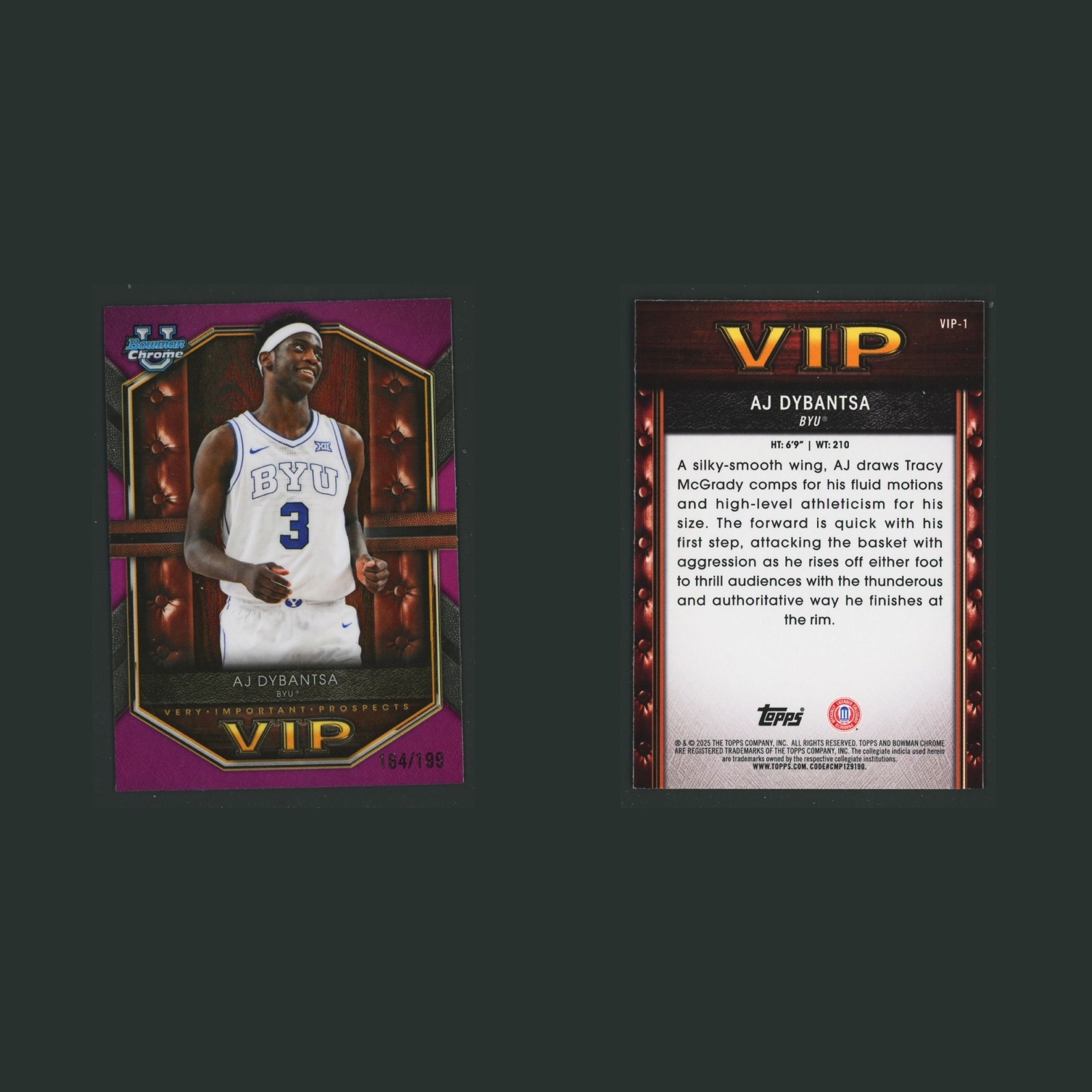 AJ Dybantsa /199 #VIP-1 2025-26 Bowman Chrome U Fuchsia Refractor BYU Basketball front and back scans. Card condition is Near Mint.