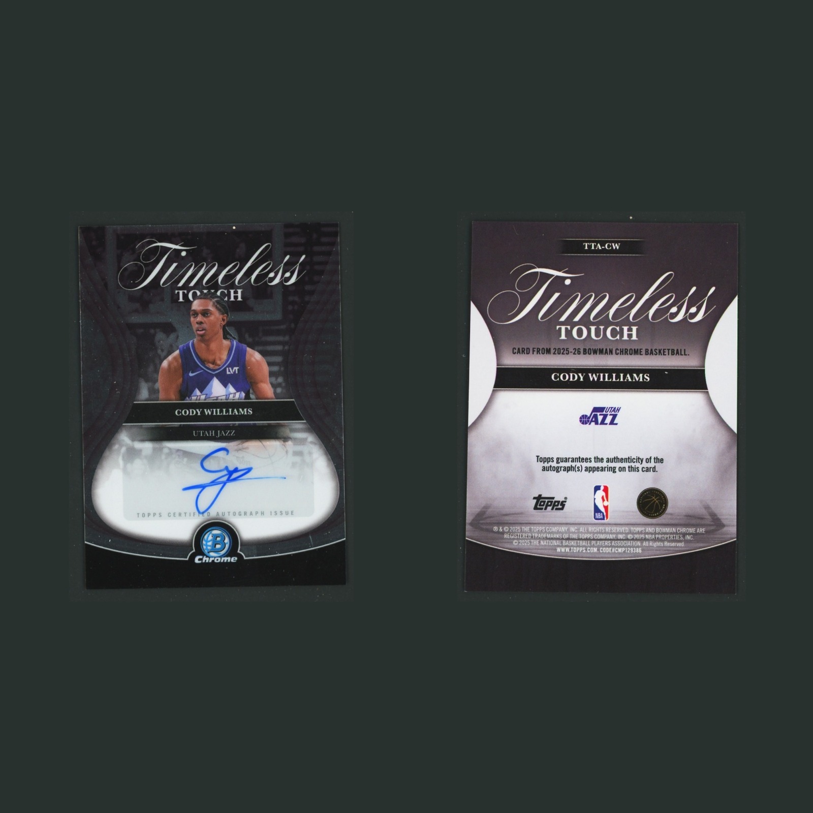 Cody Williams Auto #TTA-CW 2025-26 Bowman Chrome Utah Jazz Basketball Card NBA front and back scans. Card condition is Near Mint.
