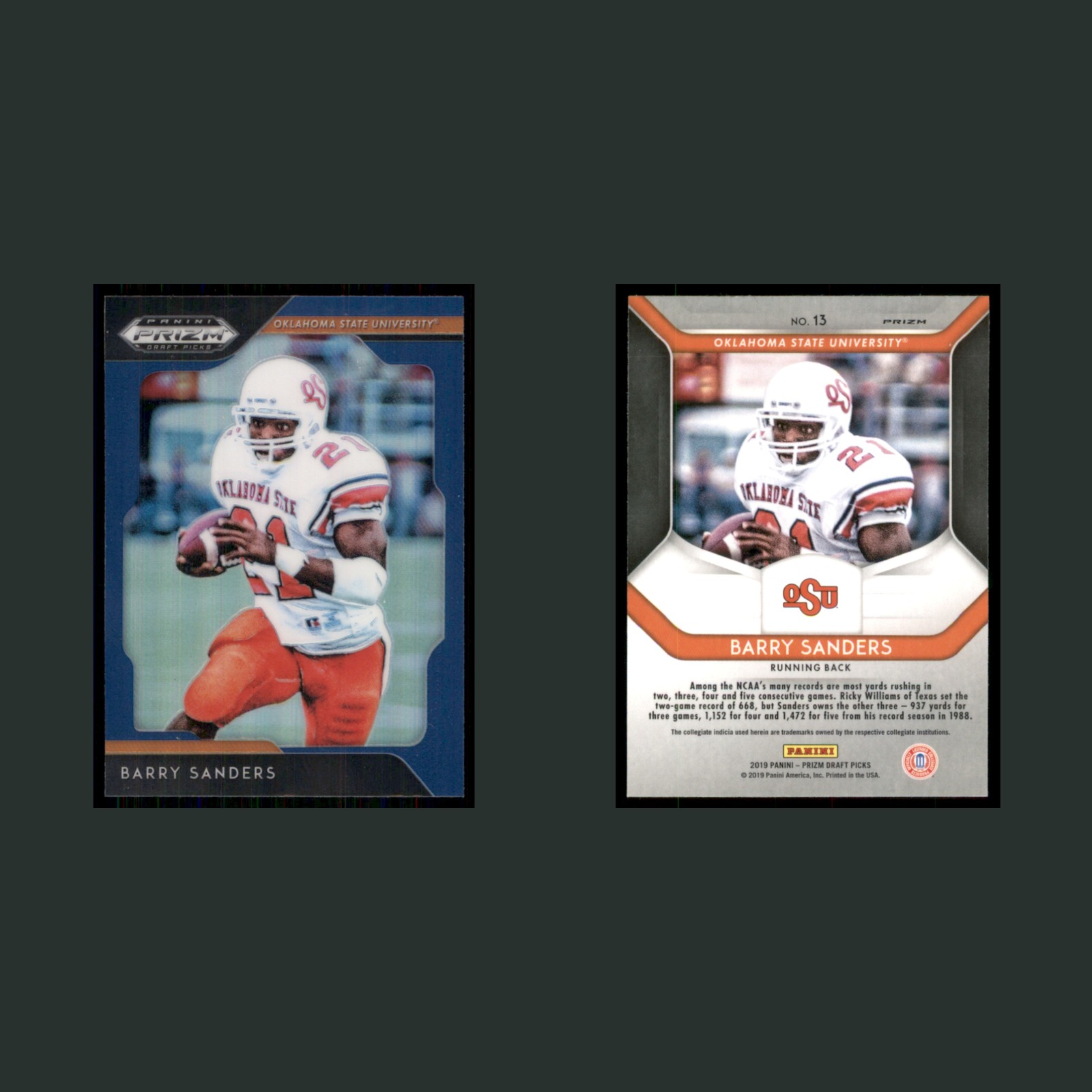 Barry Sanders #13 2019 Panini Draft Picks Blue Prizm Oklahoma State University front and back scans. Card condition is Near Mint.