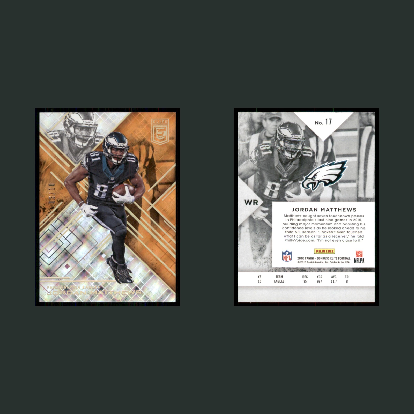 Jordan Matthews /10 #17 2016 Panini Donruss Elite Orange Philadelphia Eagles NFL front and back scans. Card condition is Near Mint.