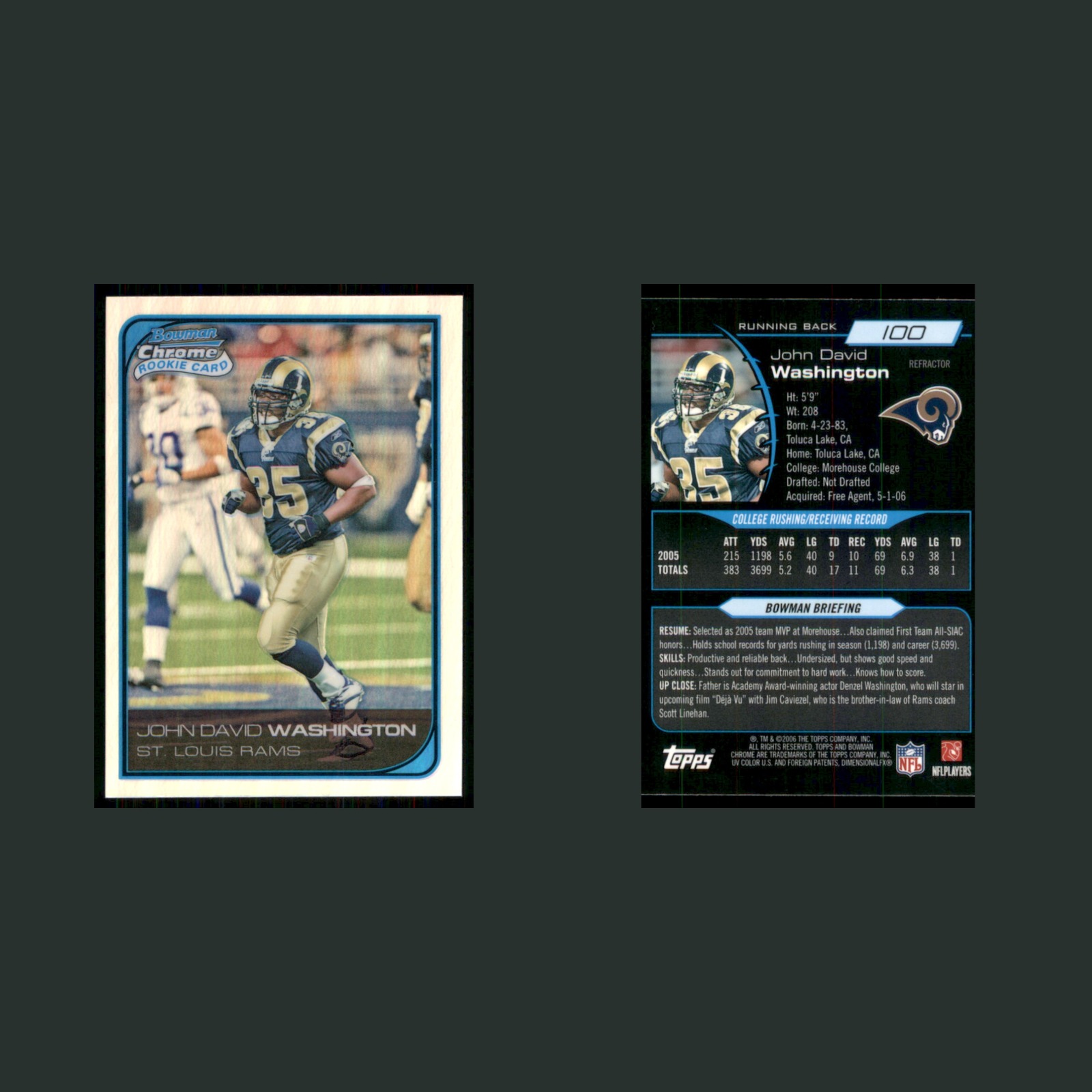 John David Washington Rookie #100 2006 Bowman Chrome Refractor St. Louis Rams front and back scans. Card condition is Near Mint.