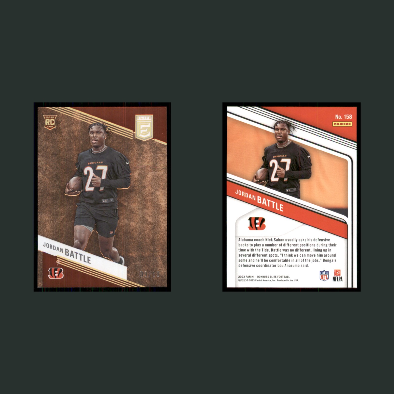 Jordan Battle Rookie /10 #158 2023 Panini Donruss Elite Gold Cincinnati Bengals front and back scans. Card condition is Near Mint.
