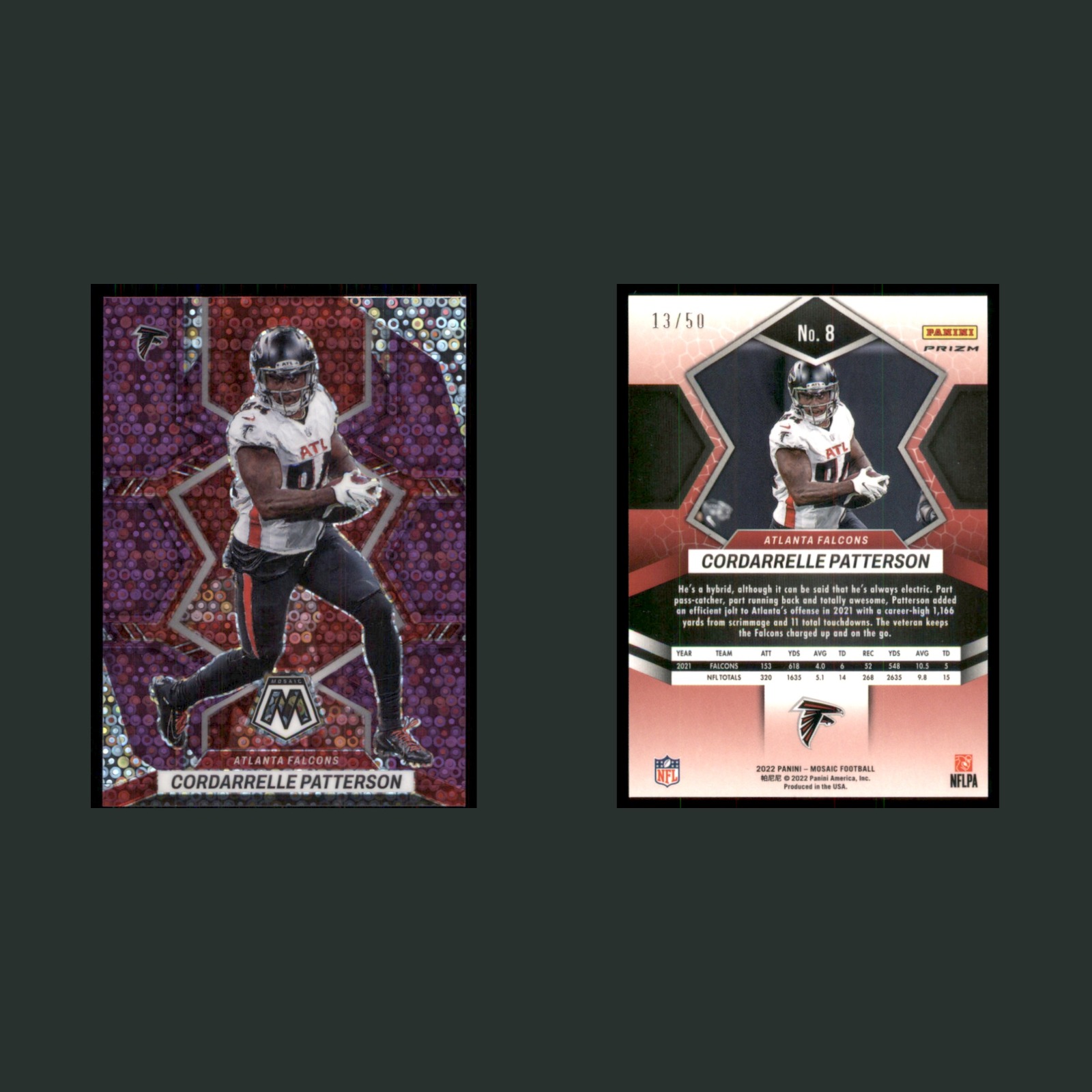 Cordarrelle Patterson /50 #8 2022 Panini Mosaic No Huddle Purple Prizm Falcons front and back scans. Card condition is Near Mint.
