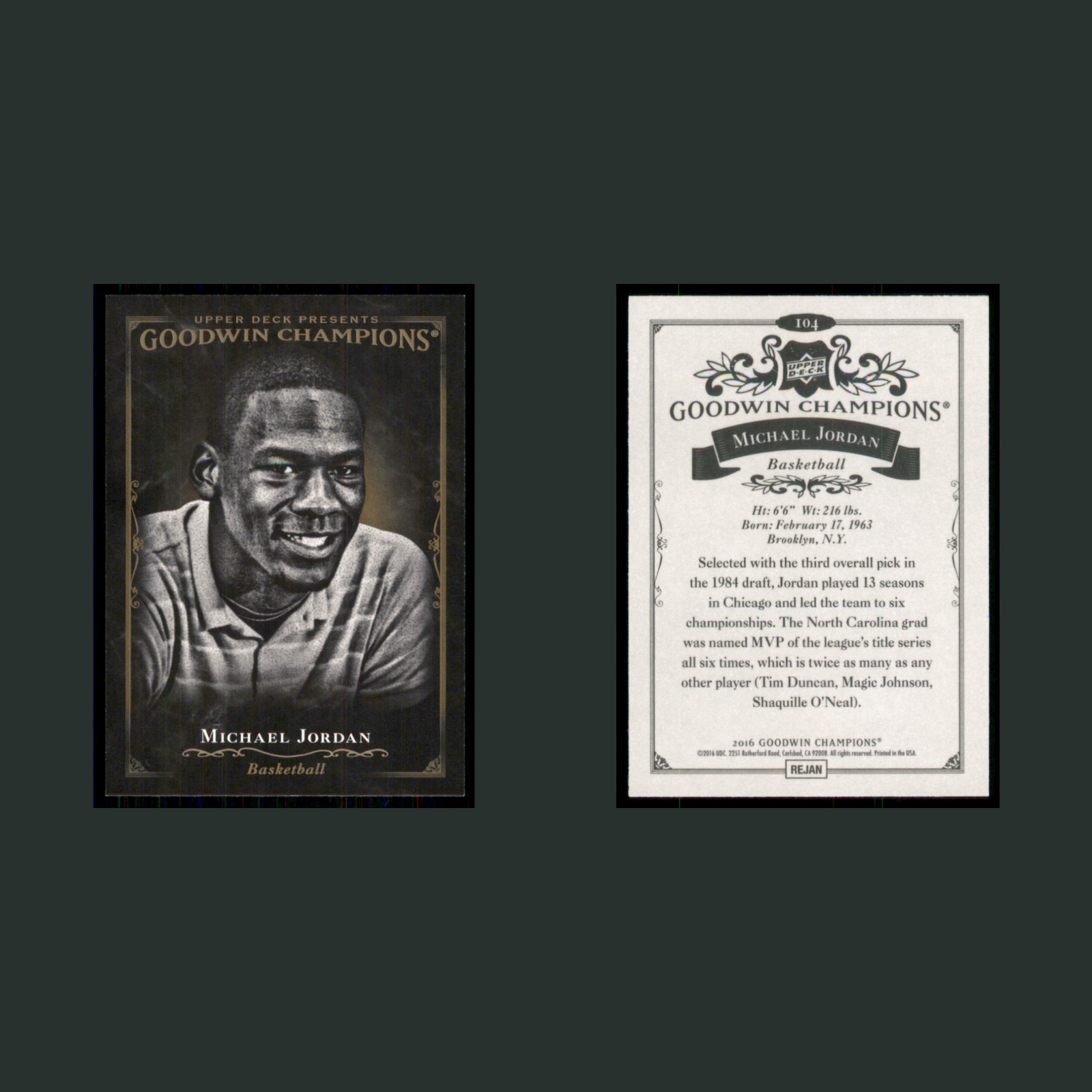 Michael Jordan #104 2016-17 Upper Deck Goodwin Champions Black & White Bulls NBA front and back scans. Card condition is Near Mint.