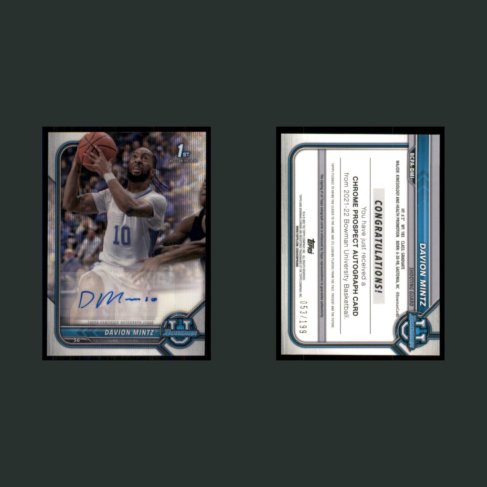 Davion Mintz Auto /199 #BCPA-DMI 2021-22 Topps Bowman Silver Wave Refractor Card front and back scans. Card condition is Near Mint.