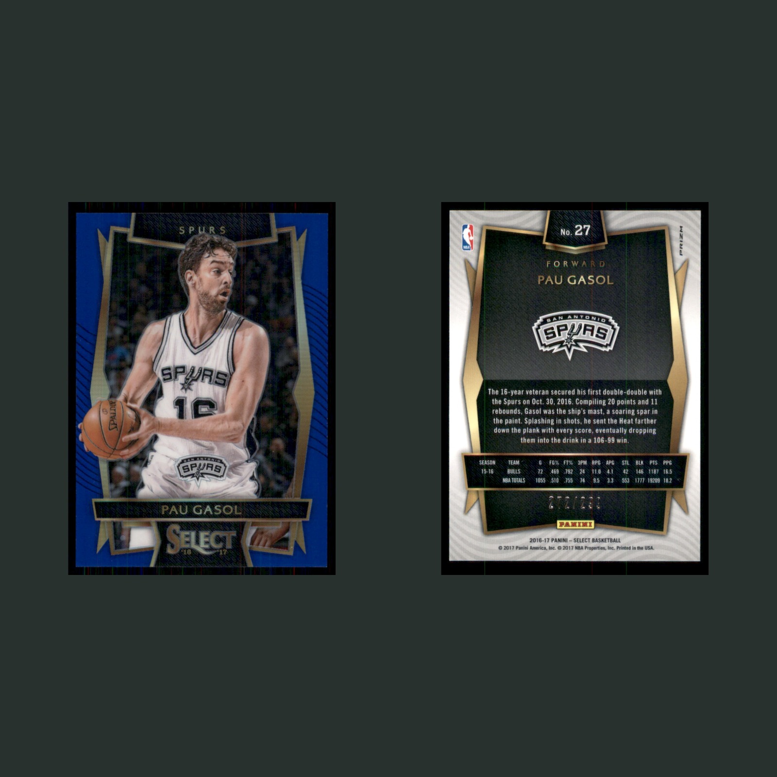 Pau Gasol /299 #27 2016-17 Panini Select Blue Prizm San Antonio Spurs Basketball front and back scans. Card condition is Near Mint.